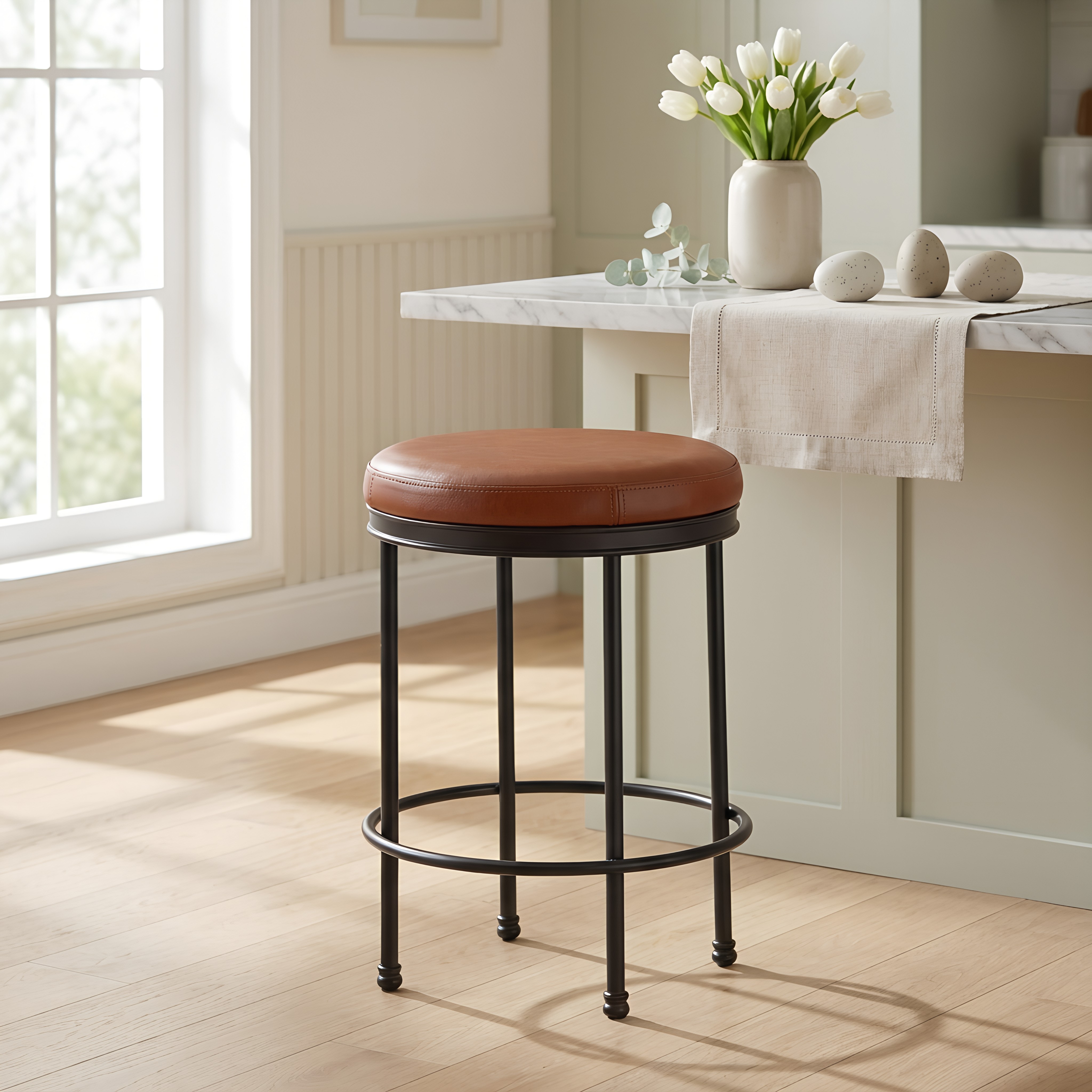 Markus Industrial Round Backless Counter Stool in Caramel Vegan Leather