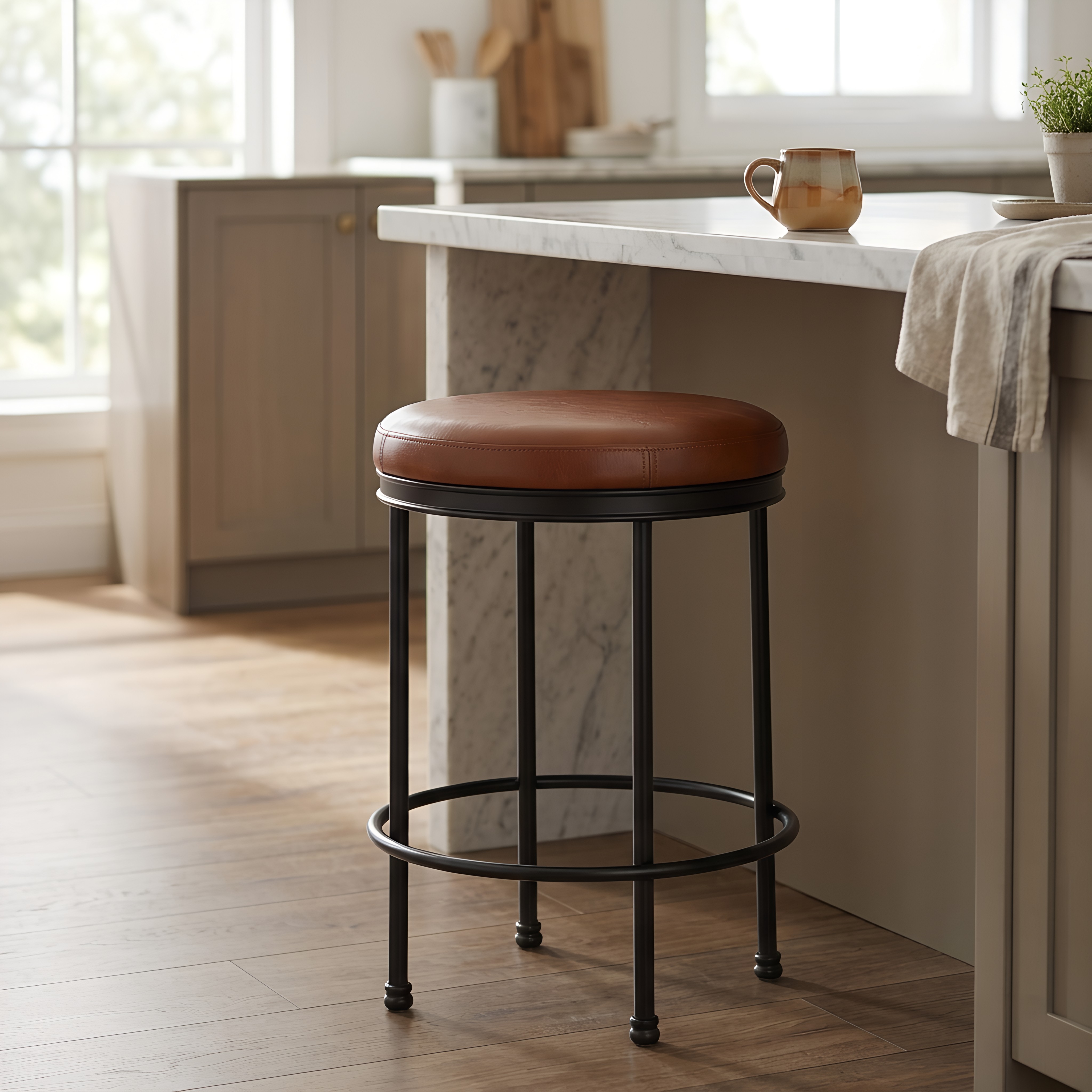 Markus Industrial Round Backless Counter Stool in Caramel Vegan Leather – image 8