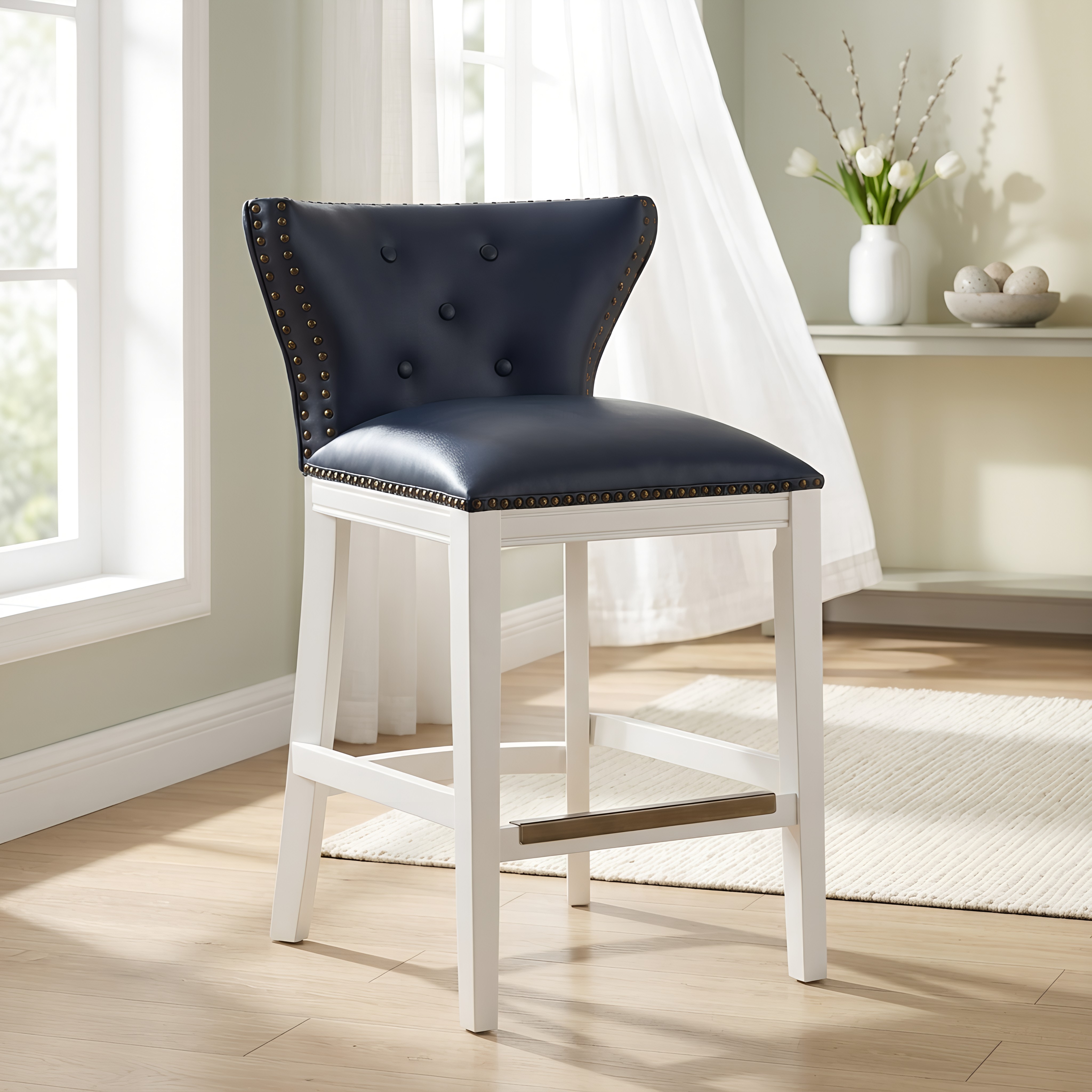 Maybelle Nailhead Trim Counter Stool in Button Tufted Midnight Navy Vegan Leather and White