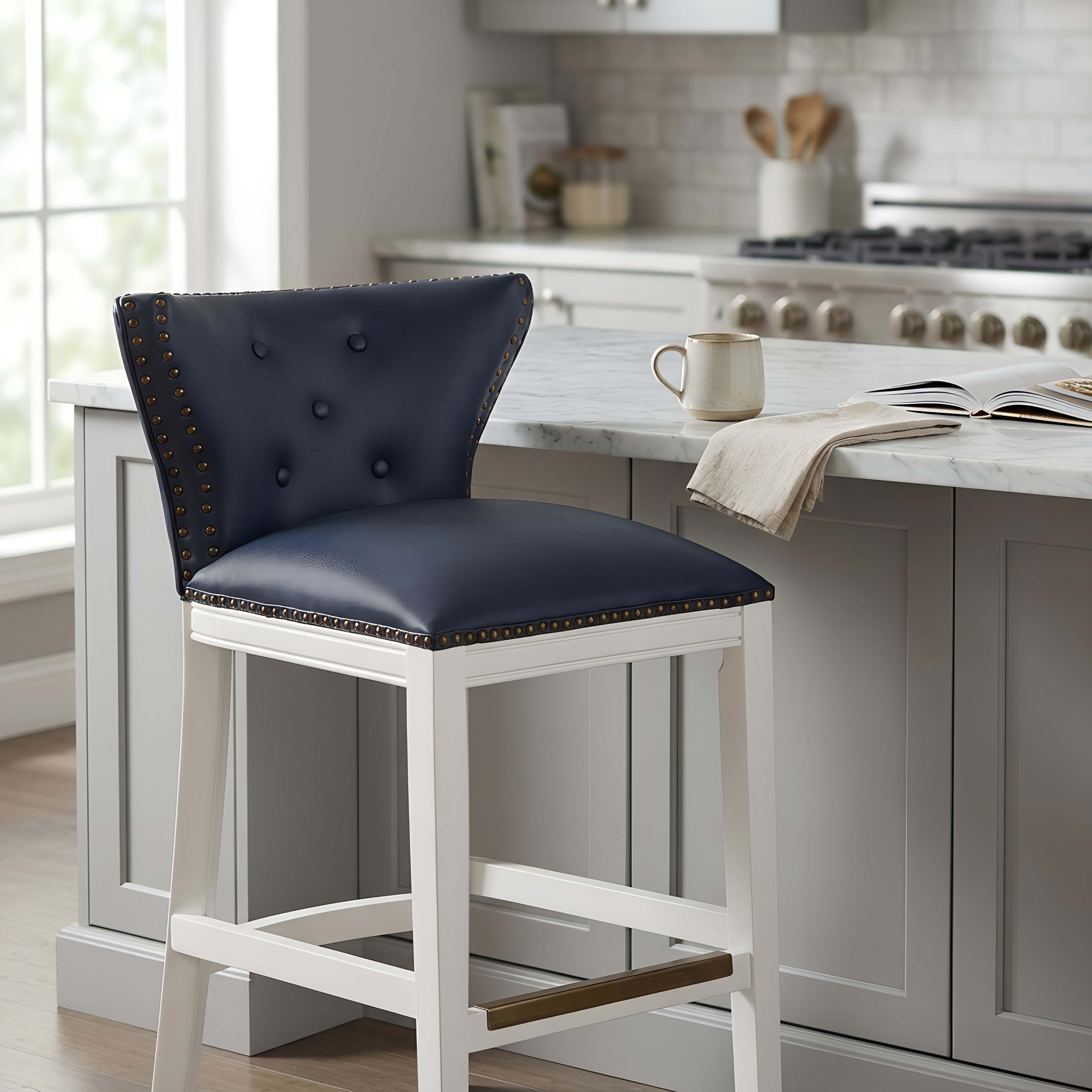 Maybelle Nailhead Trim Counter Stool in Button Tufted Midnight Navy Vegan Leather and White – image 8