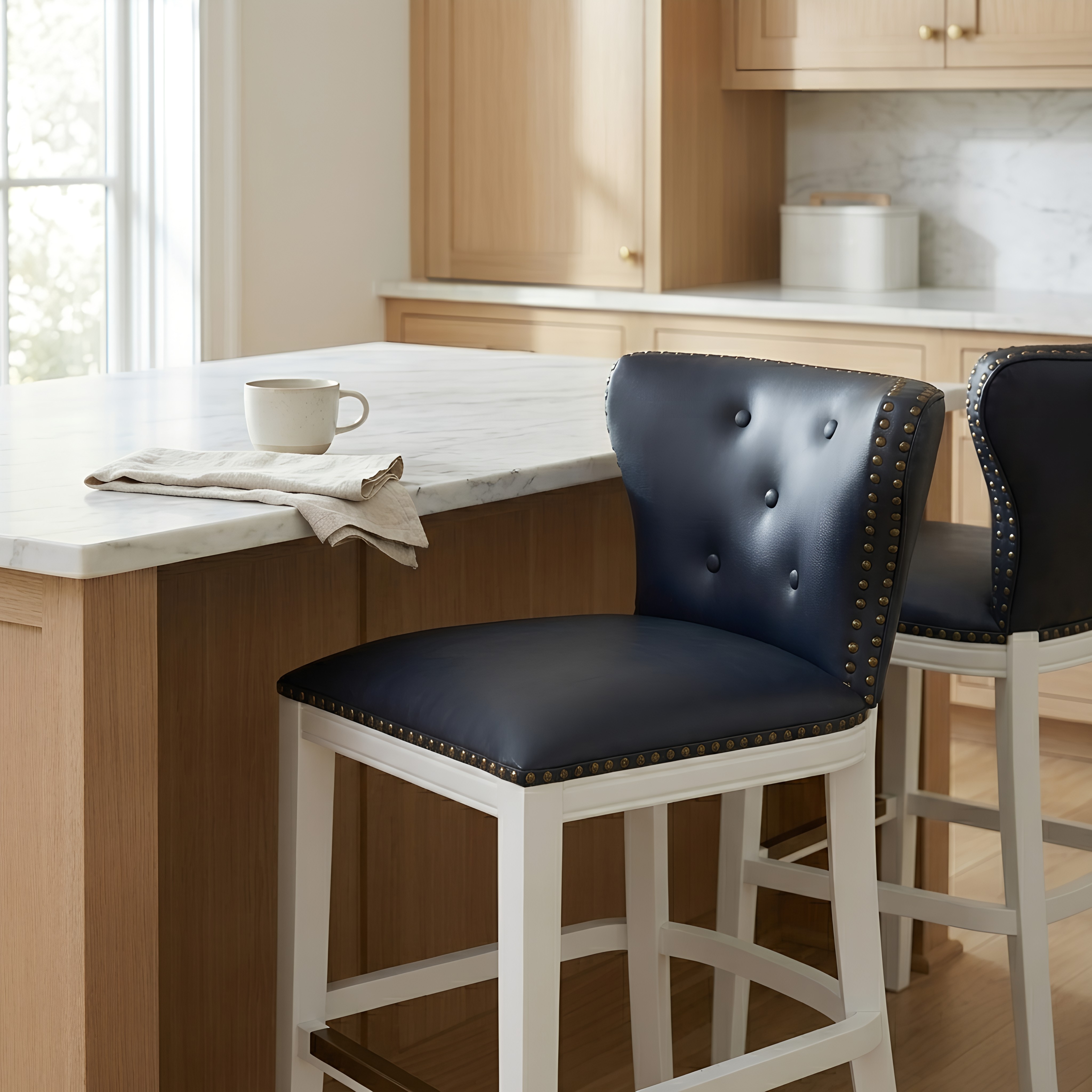 Maybelle Nailhead Trim Counter Stool in Button Tufted Midnight Navy Vegan Leather and White – image 9