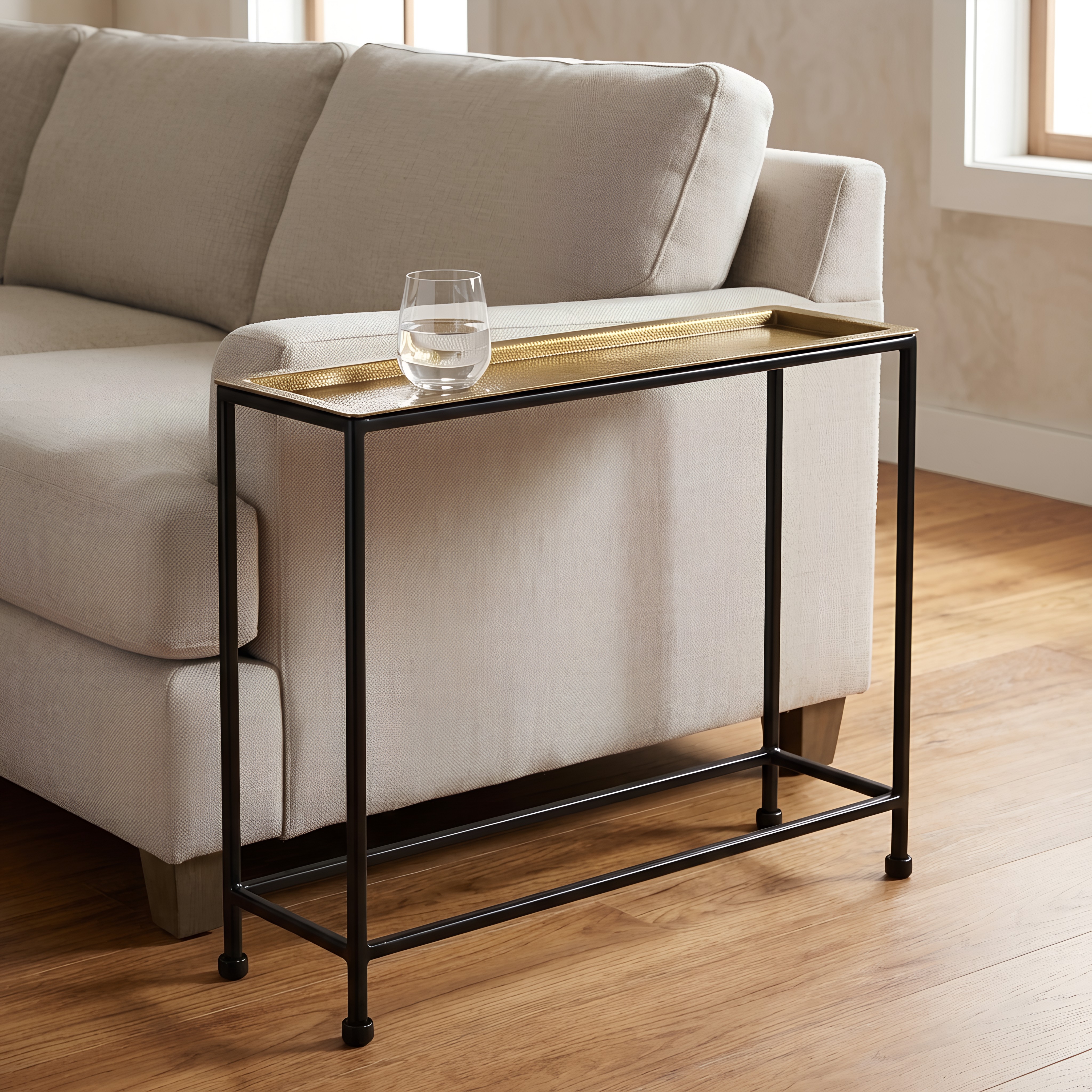 Tulare Slim Metal Sofa Side Table with Removable Hammered Brass-Look Tray Top