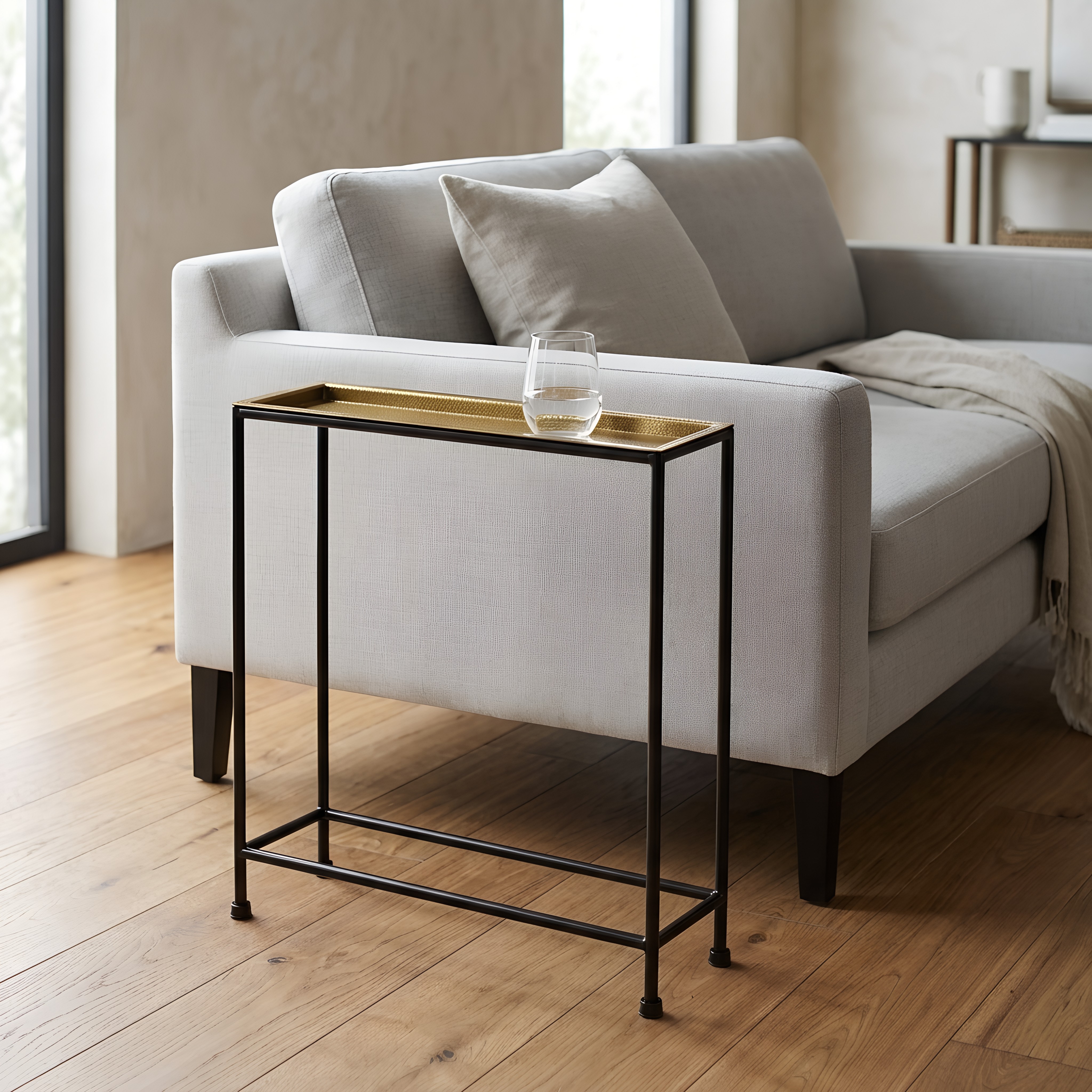 Tulare Slim Metal Sofa Side Table with Removable Hammered Brass-Look Tray Top – image 2