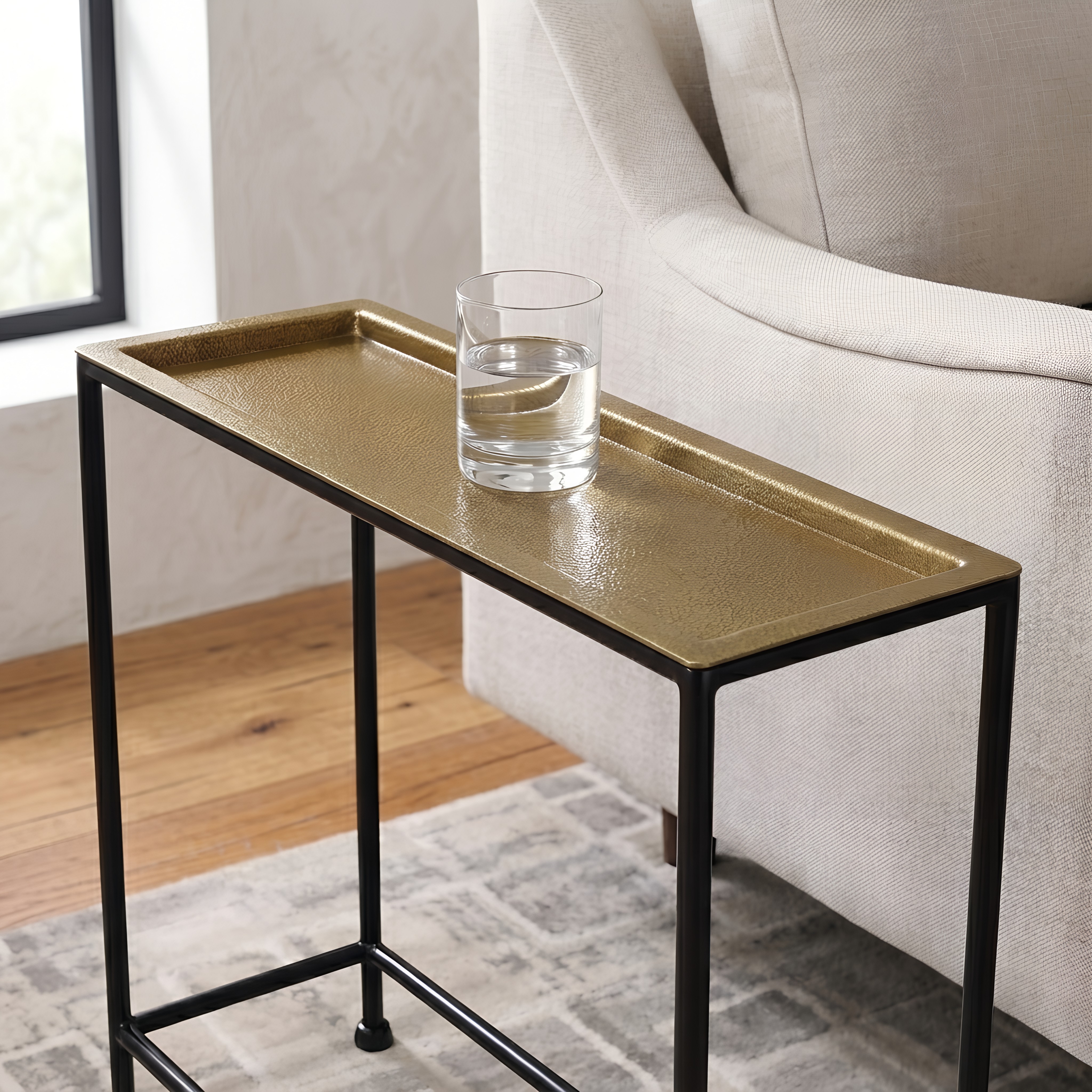 Tulare Slim Metal Sofa Side Table with Removable Hammered Brass-Look Tray Top – image 6