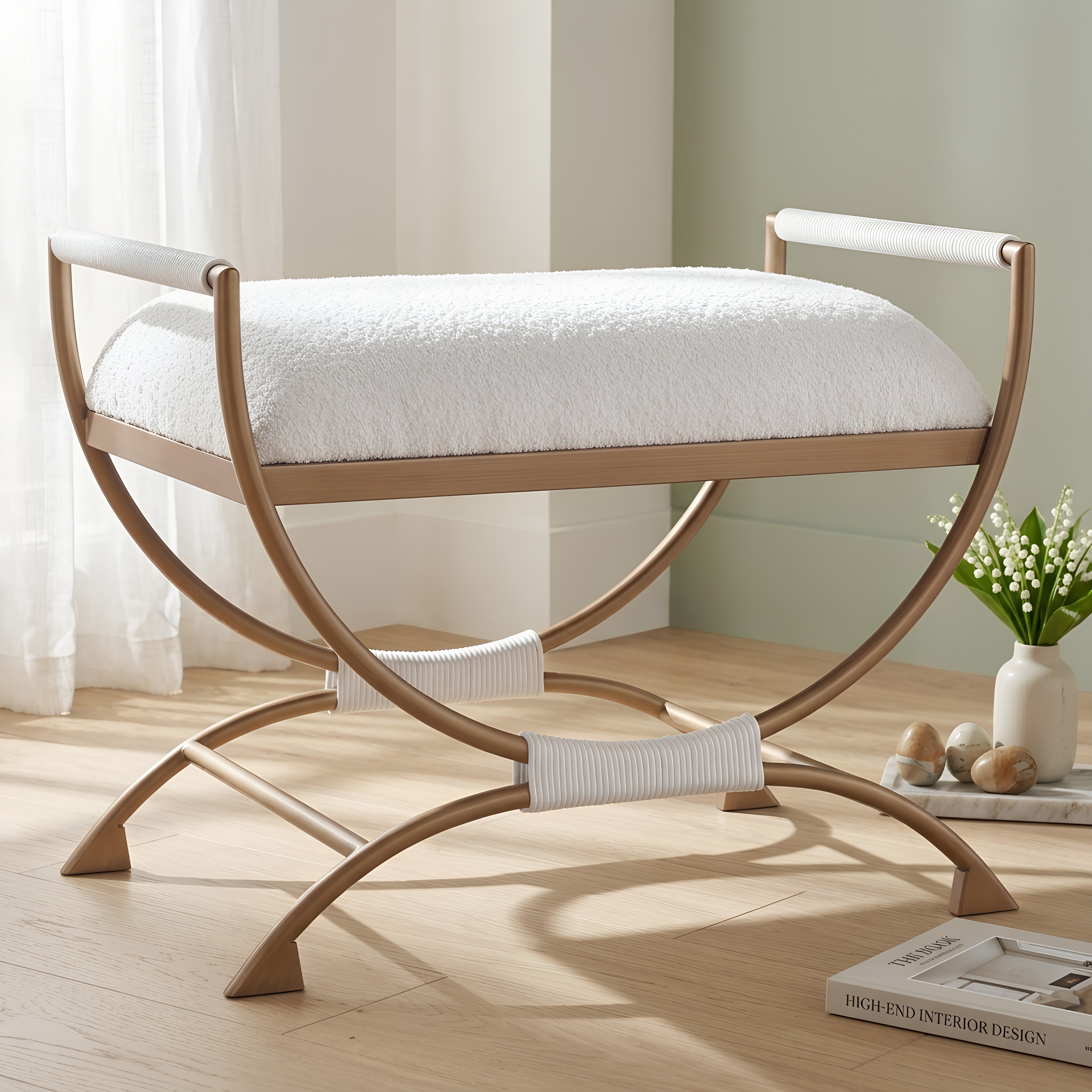 Natalina Sculptural X-Frame Bench - White Bouclé and Bronze Metal