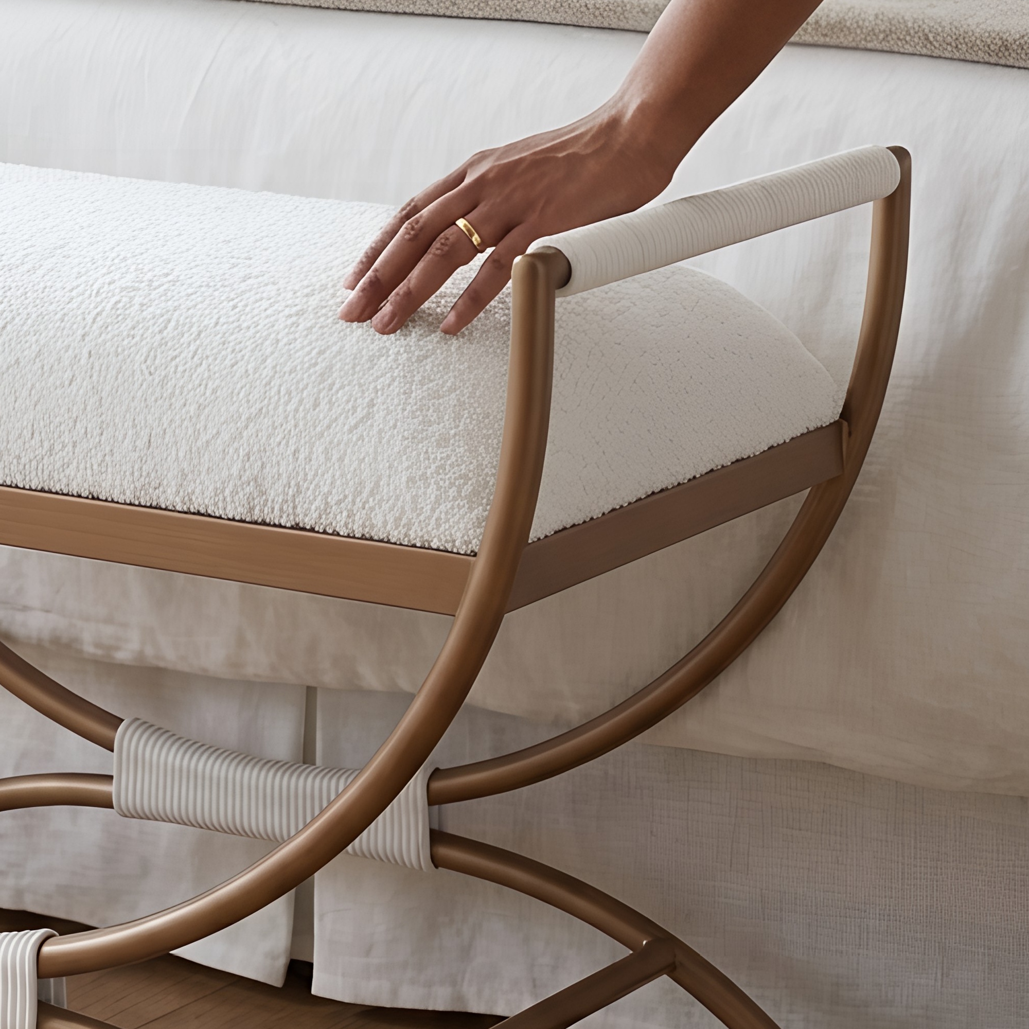Natalina Sculptural X-Frame Bench - White Bouclé and Bronze Metal – image 7
