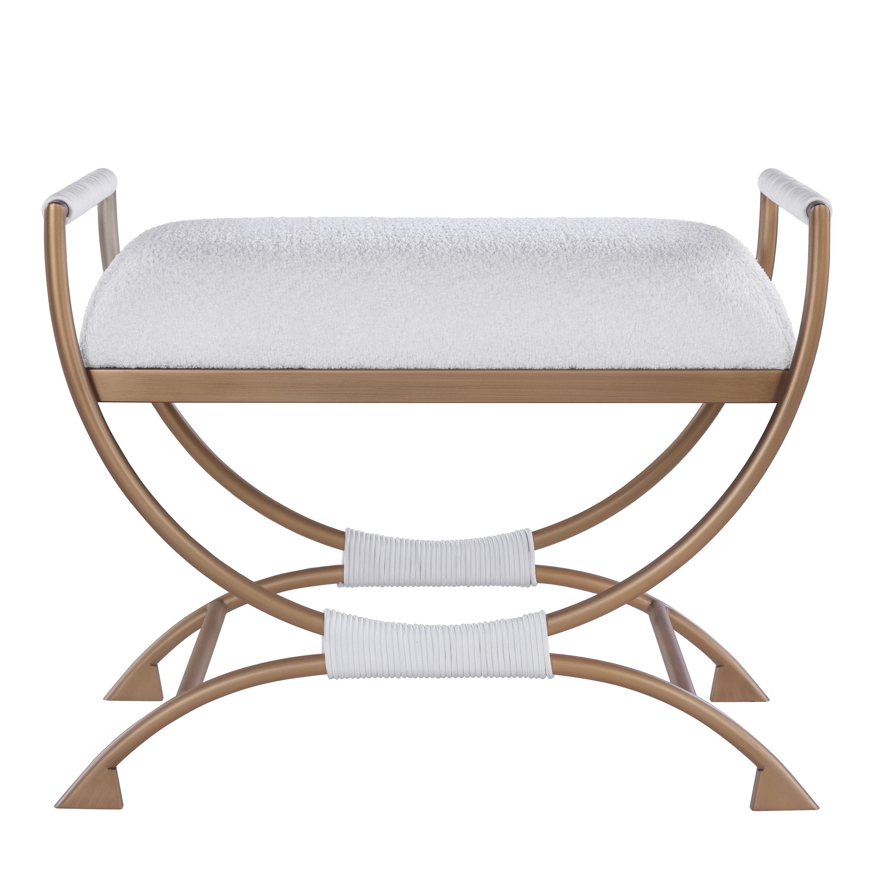 Natalina Sculptural X-Frame Bench - White Bouclé and Bronze Metal – image 2