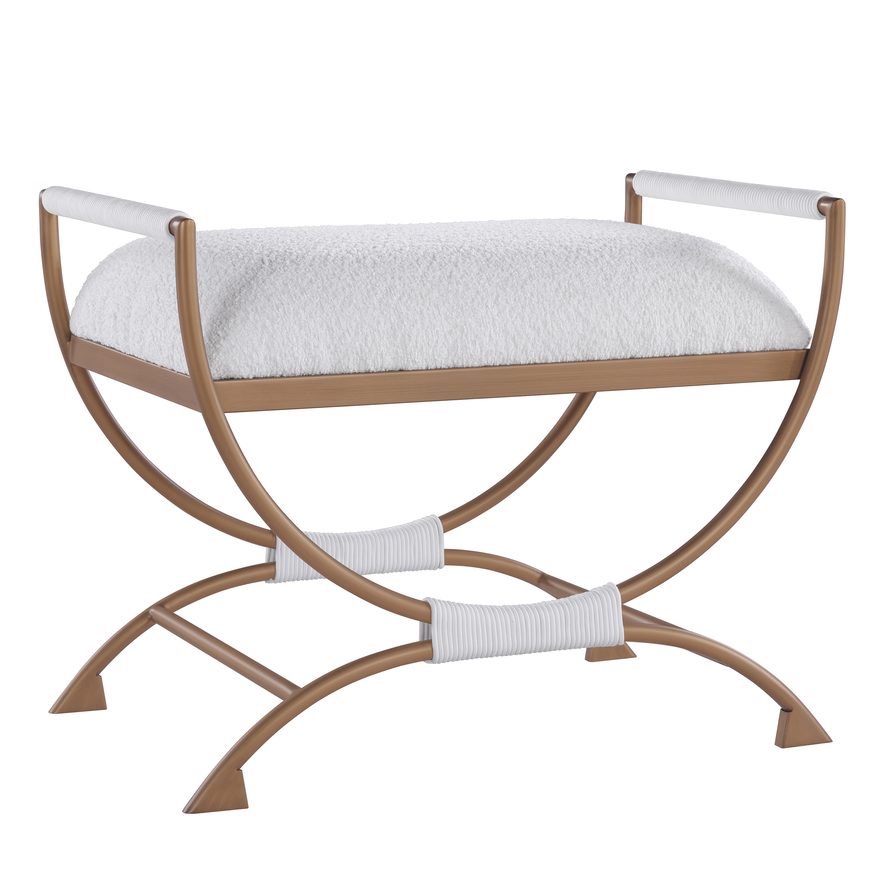 Natalina Sculptural X-Frame Bench - White Bouclé and Bronze Metal – image 3