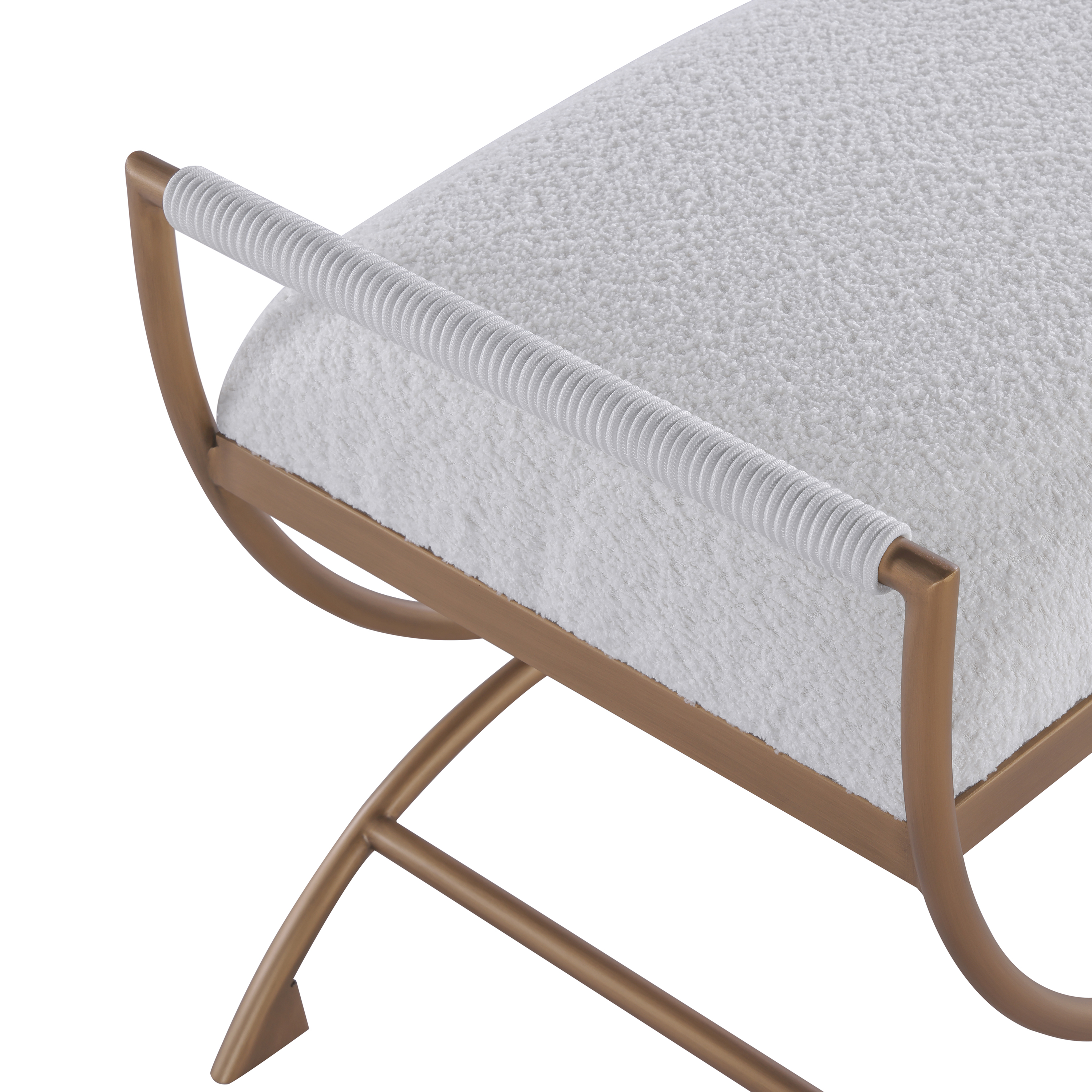 Natalina Sculptural X-Frame Bench - White Bouclé and Bronze Metal – image 4