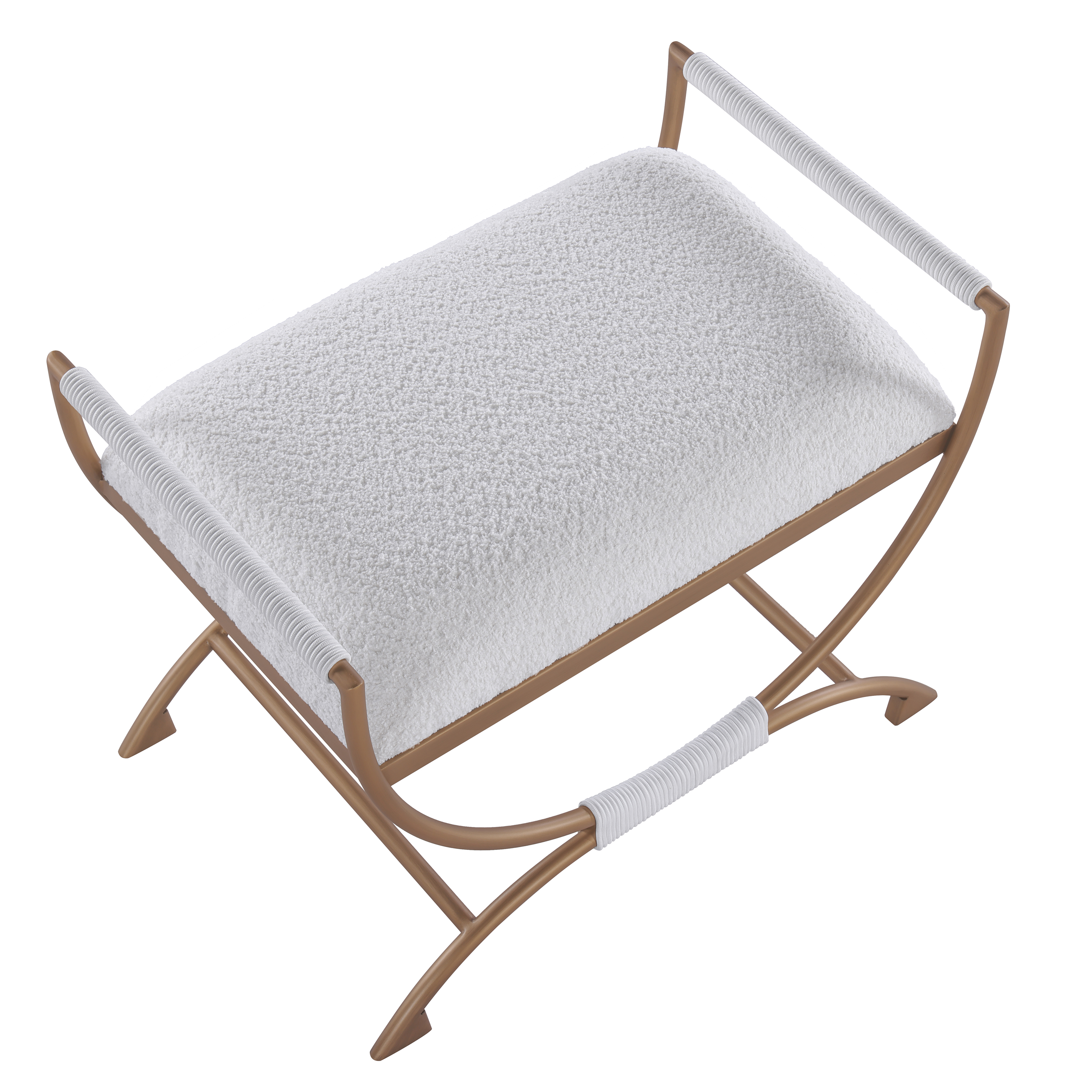 Natalina Sculptural X-Frame Bench - White Bouclé and Bronze Metal – image 5