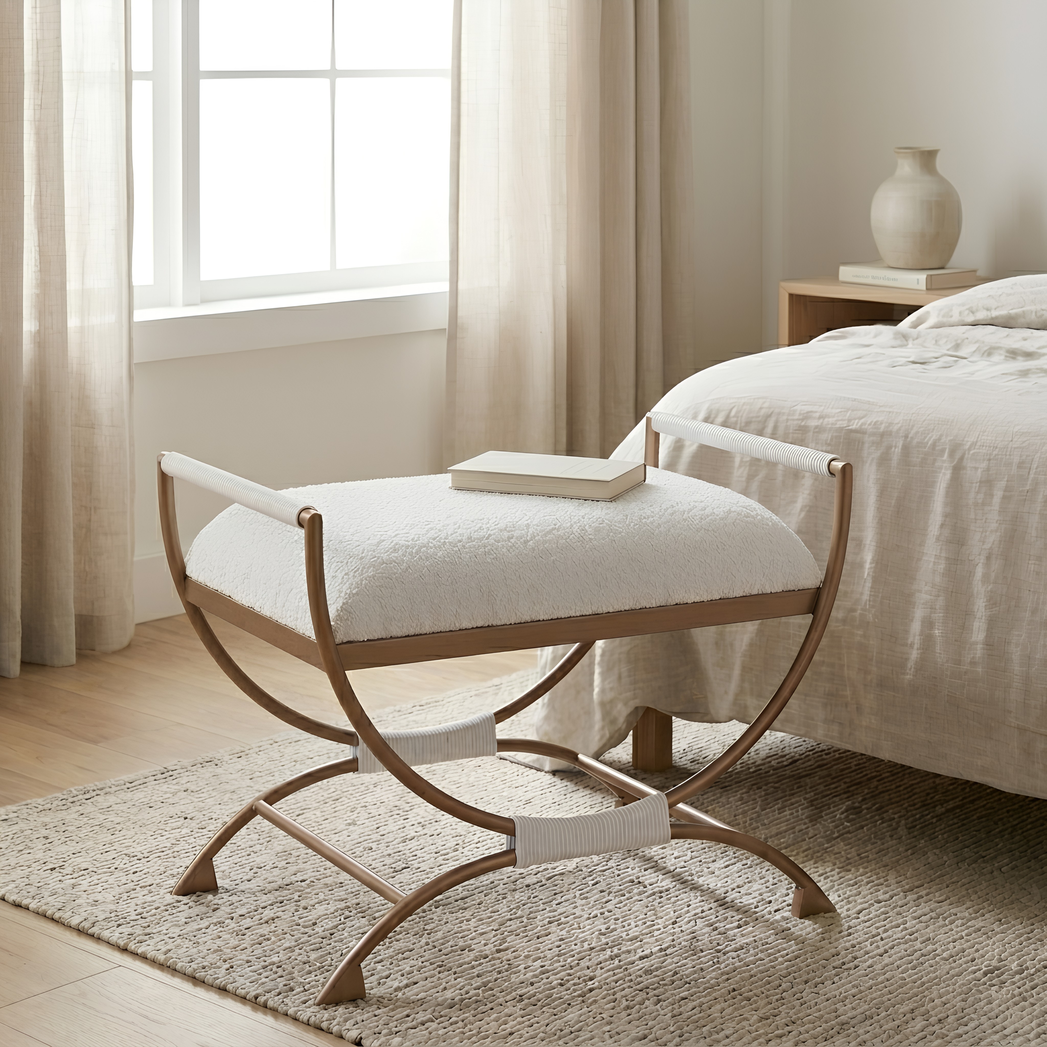 Natalina Sculptural X-Frame Bench - White Bouclé and Bronze Metal – image 8