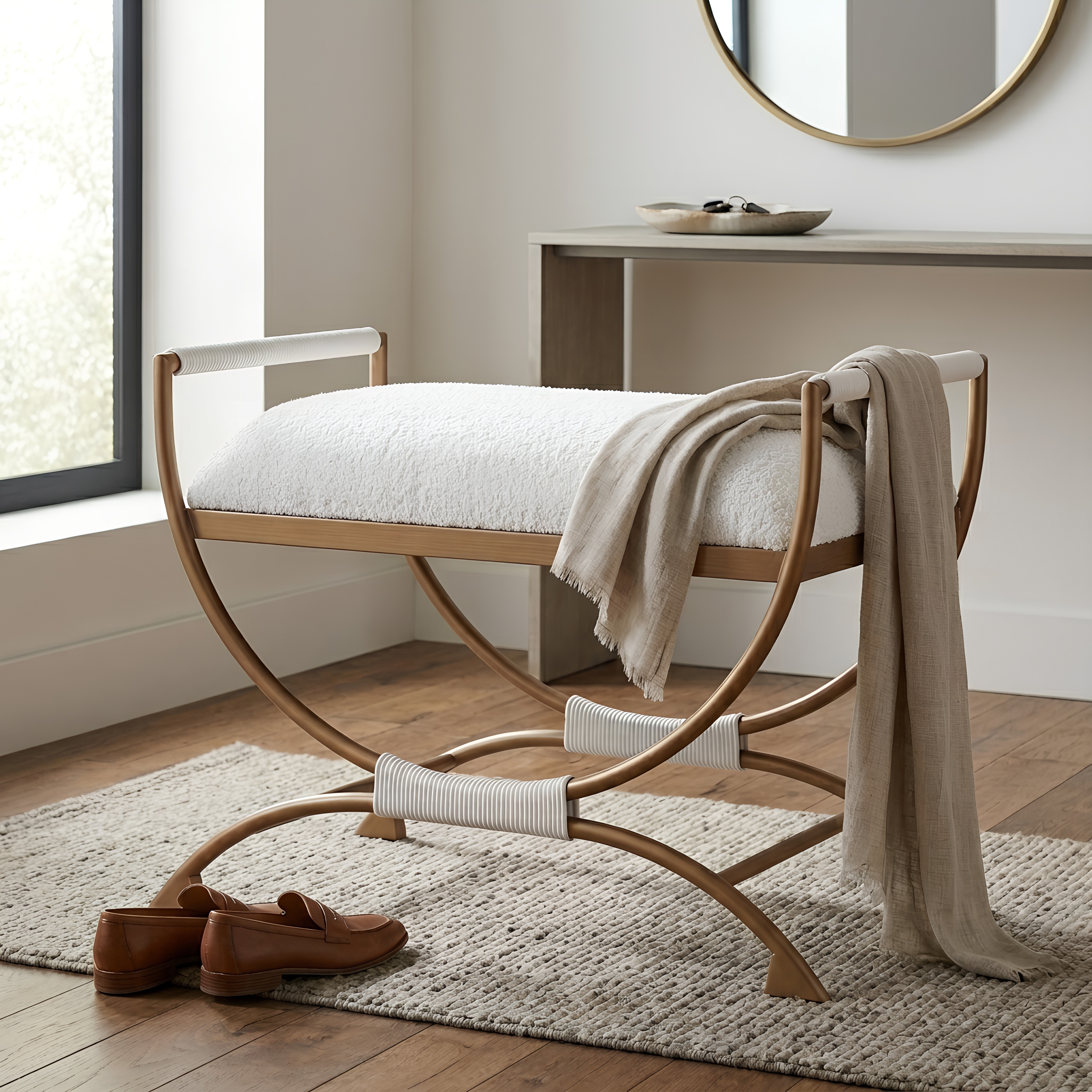 Natalina Sculptural X-Frame Bench - White Bouclé and Bronze Metal – image 9