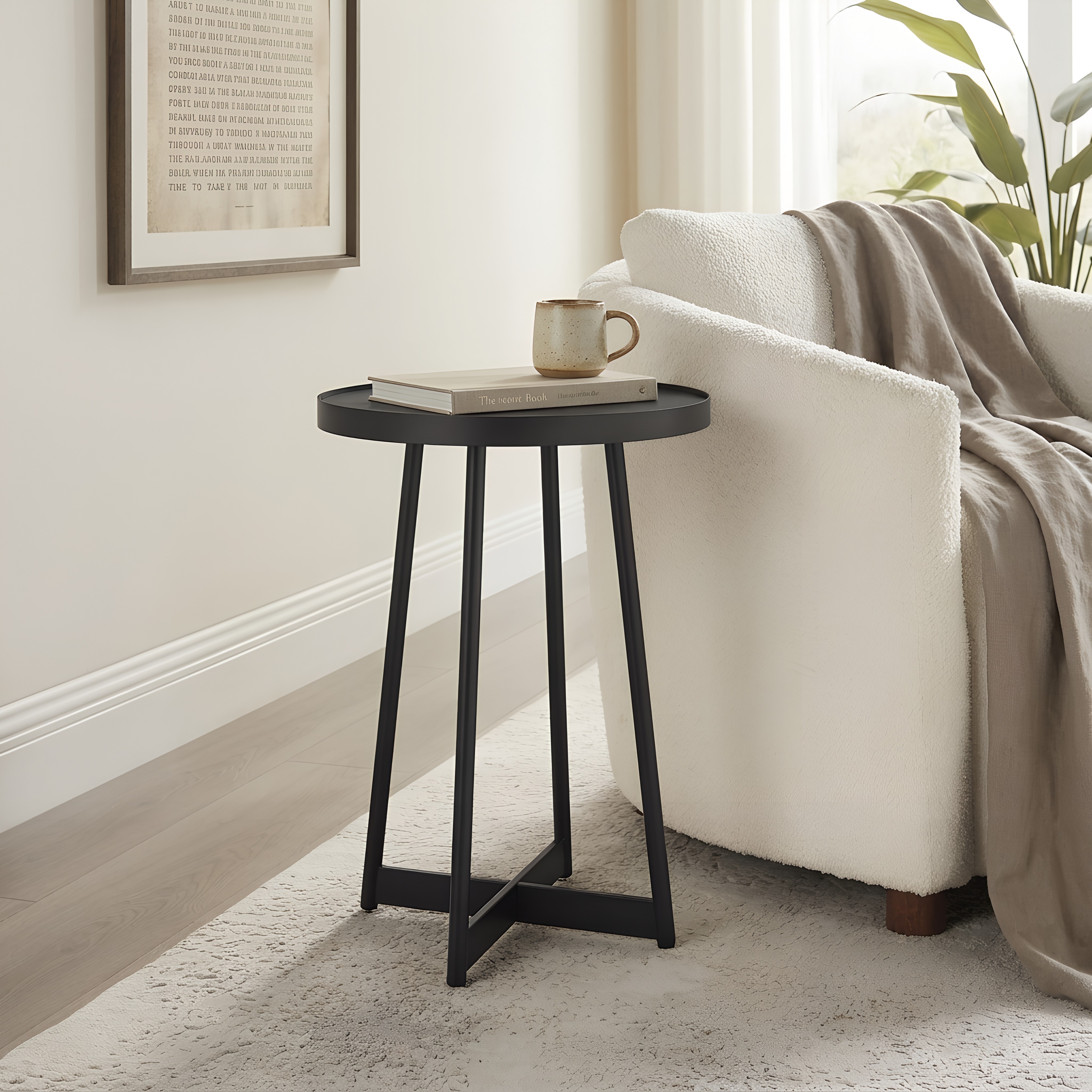 Renton Modern Round Accent Table with Black Top and Geometric Black Metal X-Stretcher Base