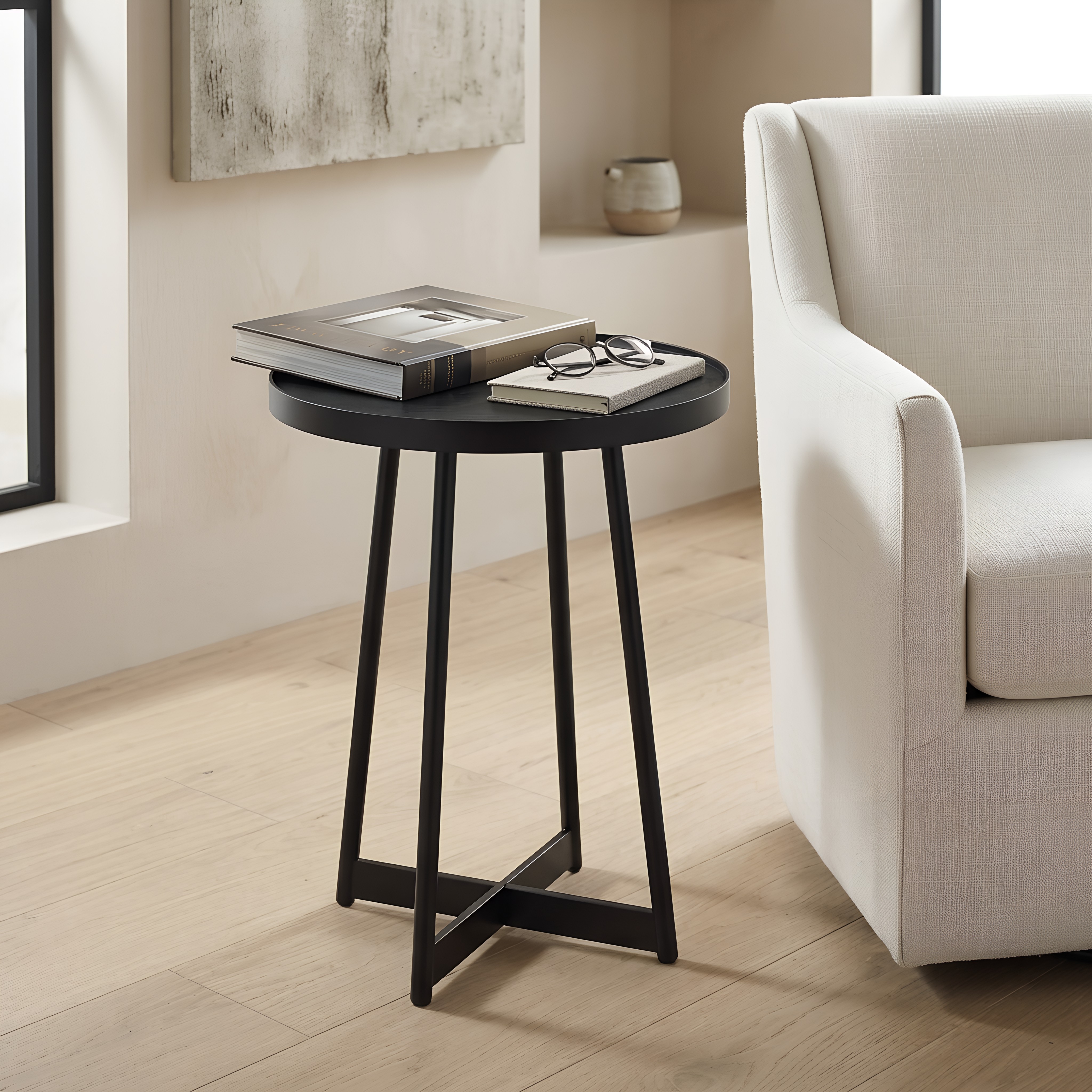Renton Modern Round Accent Table with Black Top and Geometric Black Metal X-Stretcher Base – image 2