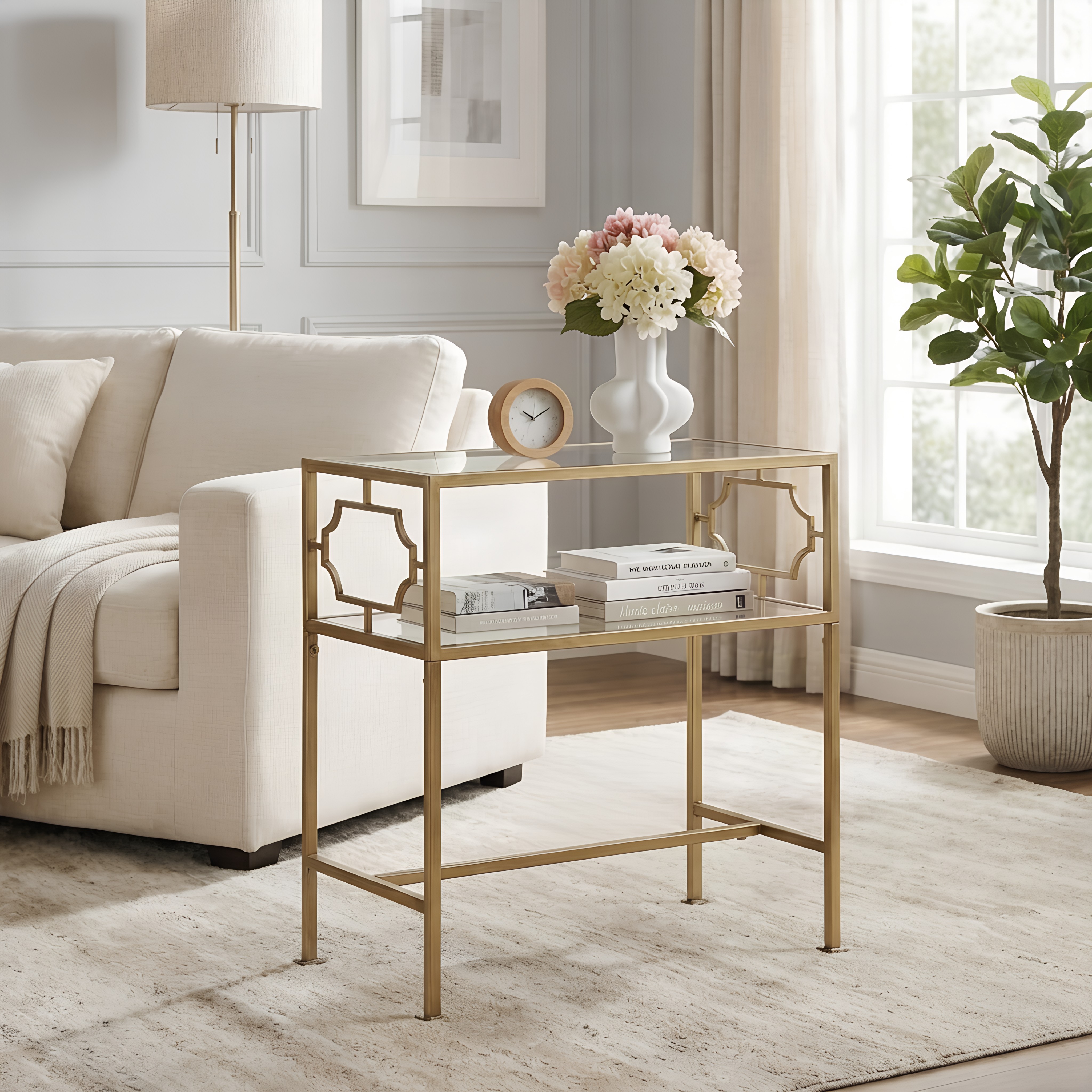 Gallitin 2-Tier Tempered Glass Accent Table with Antique Gold Geometric Metal Frame