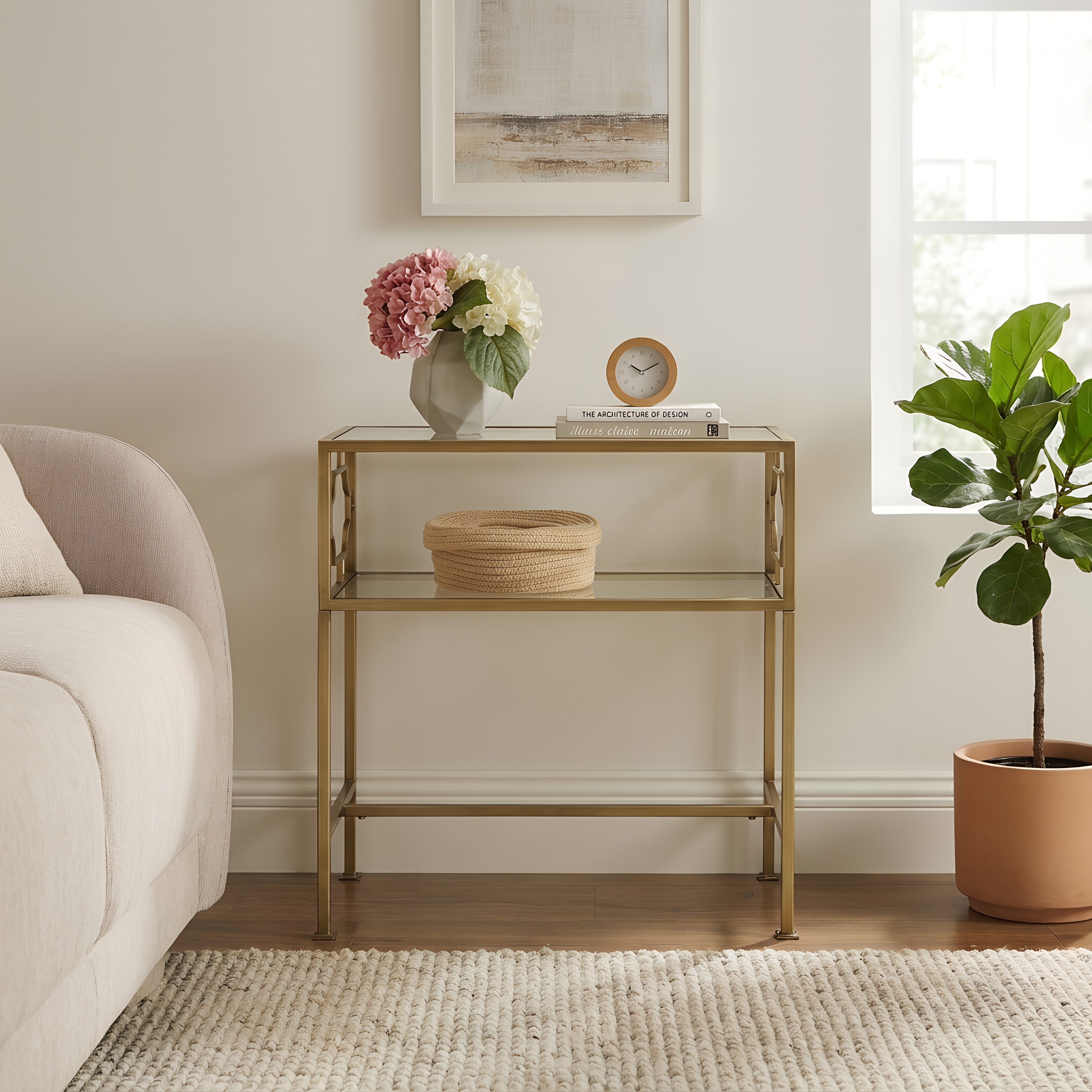 Gallitin 2-Tier Tempered Glass Accent Table with Antique Gold Geometric Metal Frame – image 2