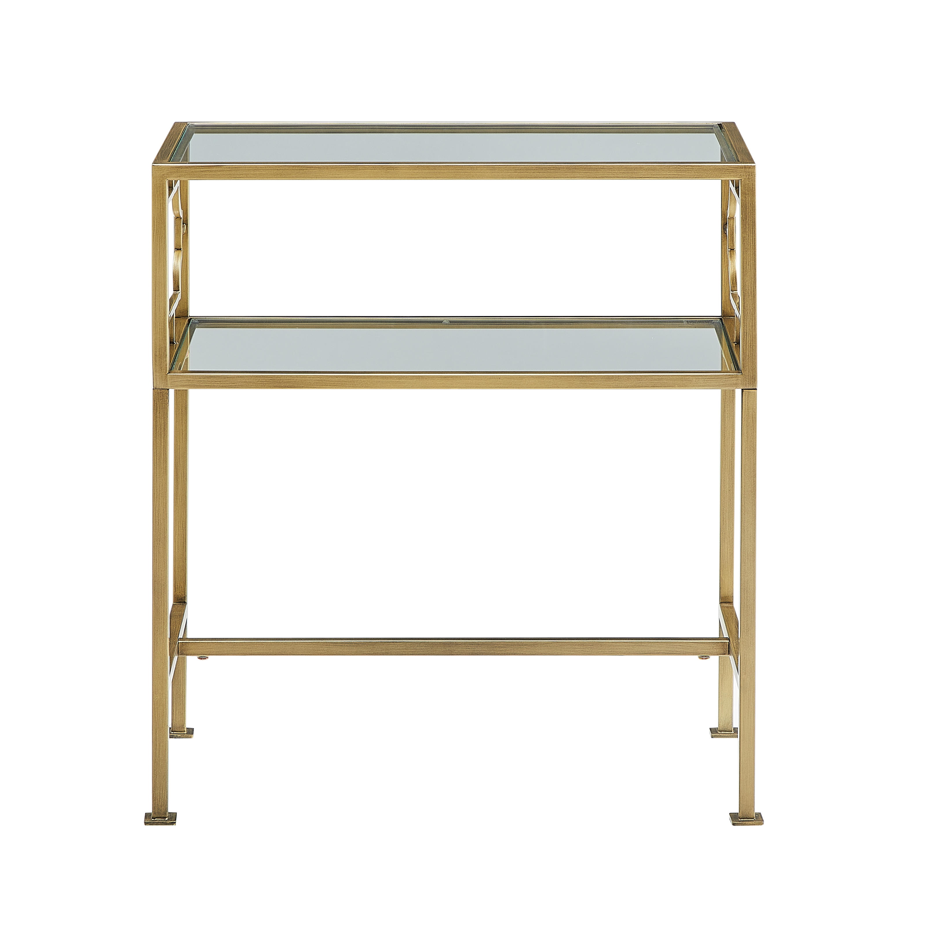 Gallitin 2-Tier Tempered Glass Accent Table with Antique Gold Geometric Metal Frame – image 3