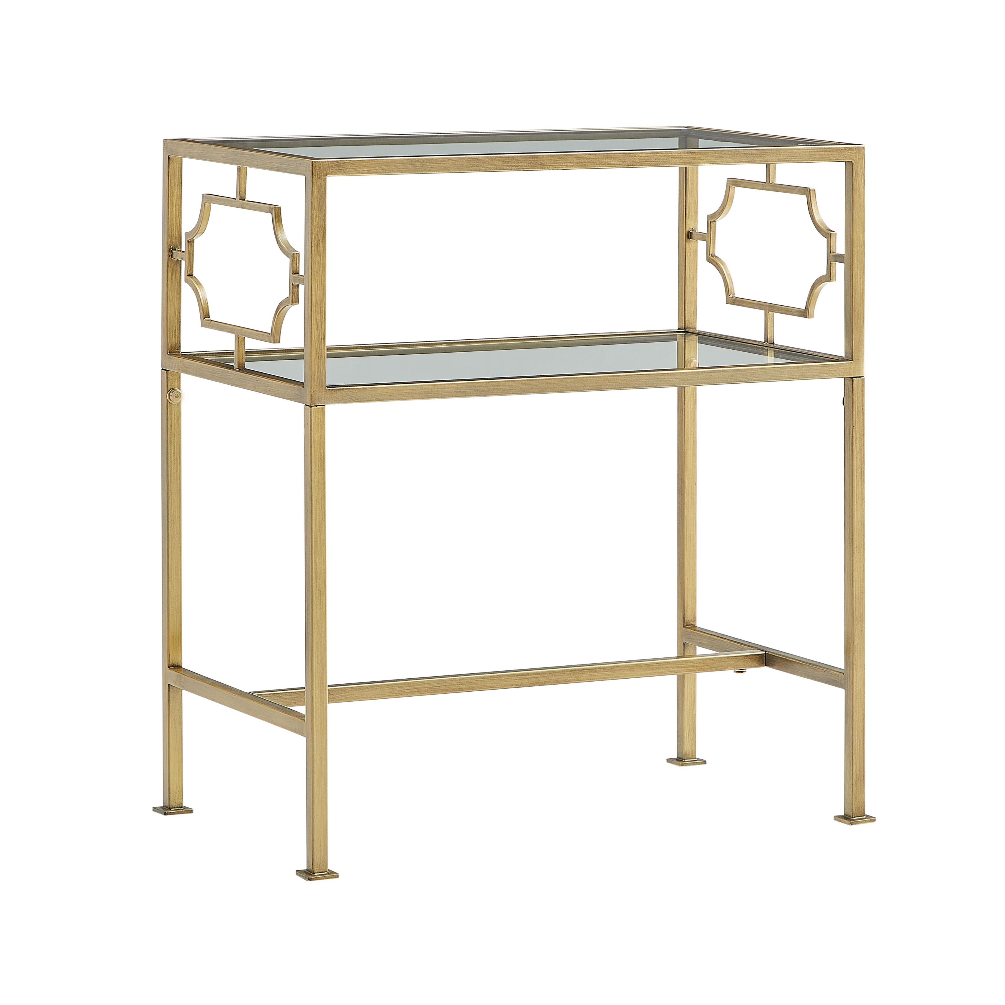 Gallitin 2-Tier Tempered Glass Accent Table with Antique Gold Geometric Metal Frame – image 4
