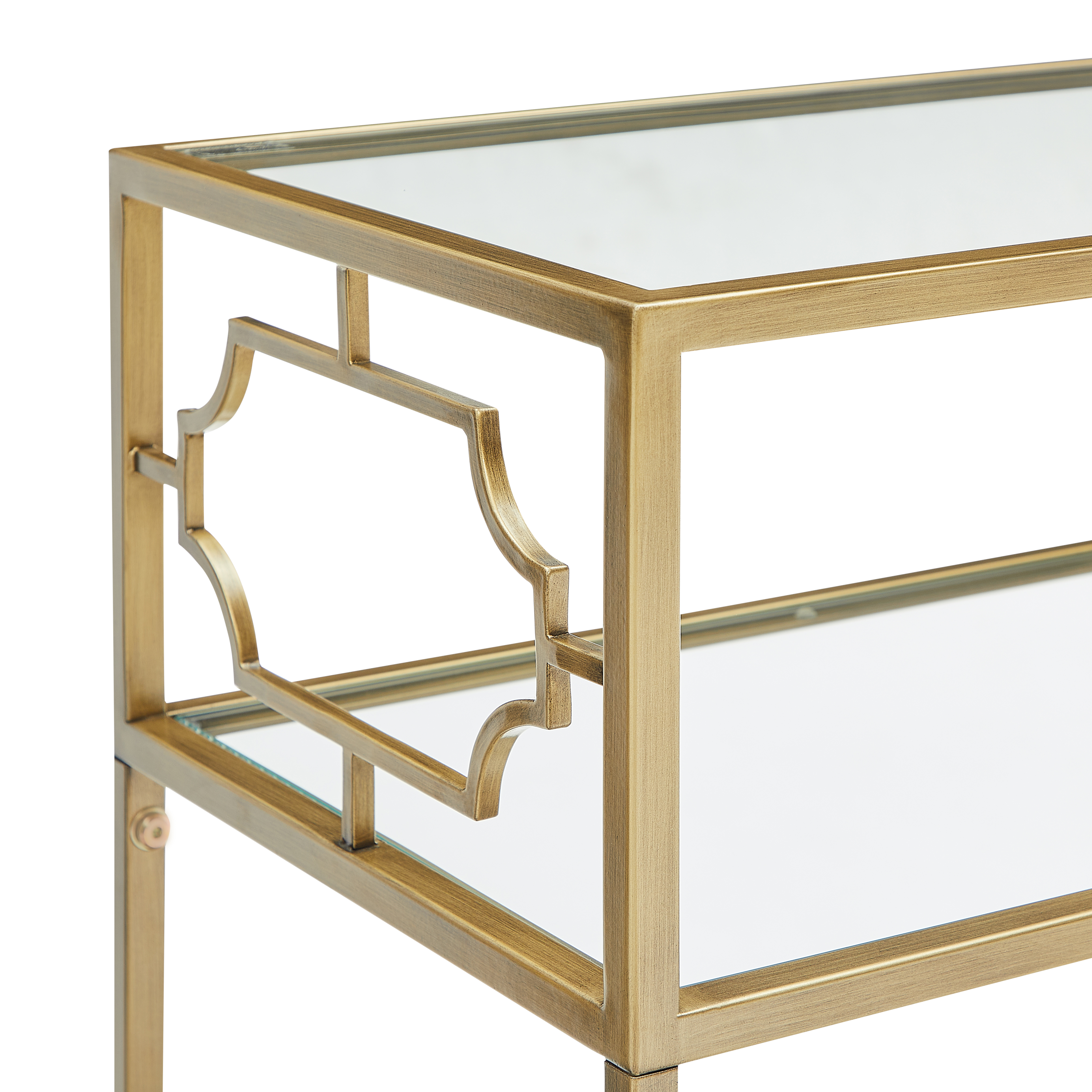 Gallitin 2-Tier Tempered Glass Accent Table with Antique Gold Geometric Metal Frame – image 5