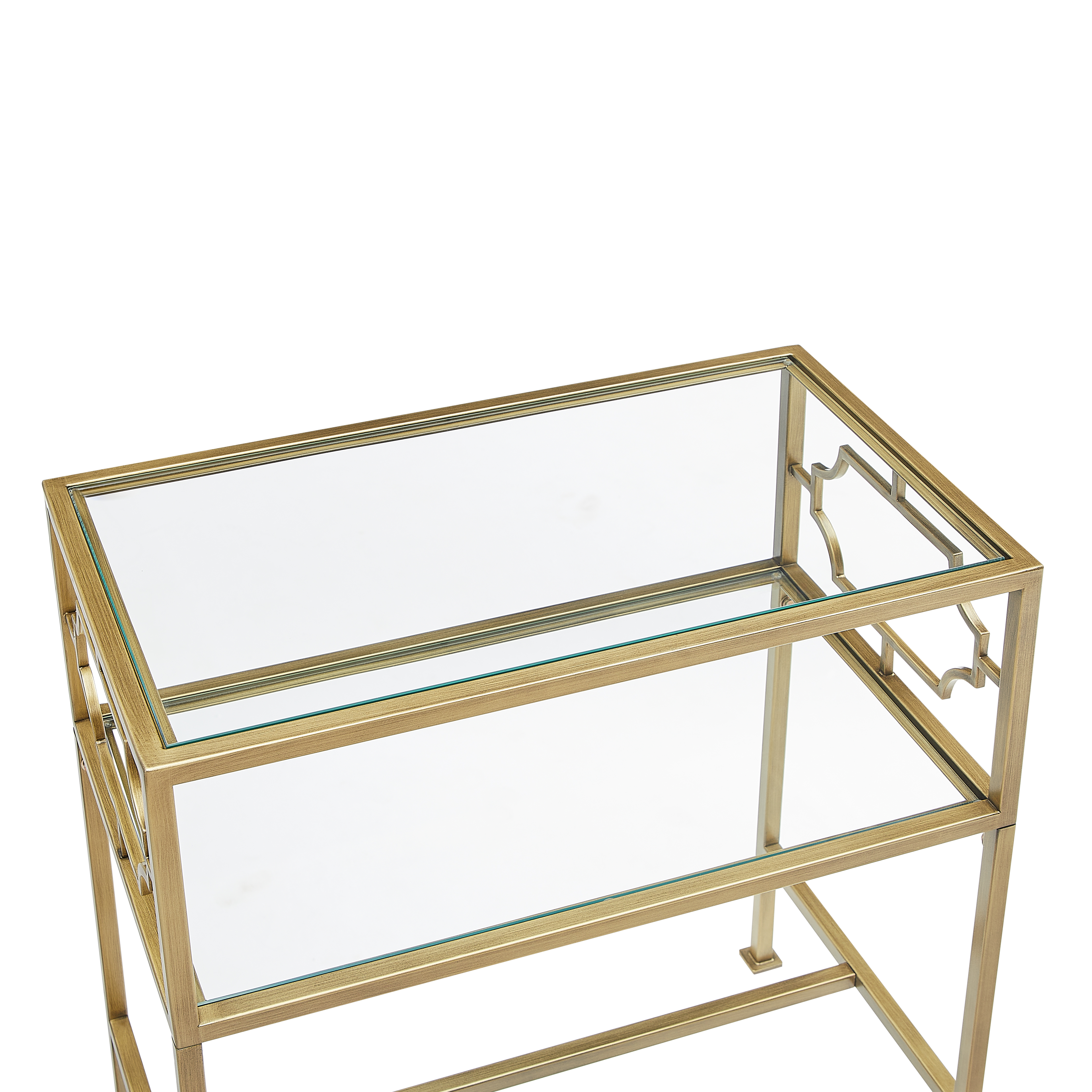 Gallitin 2-Tier Tempered Glass Accent Table with Antique Gold Geometric Metal Frame – image 6