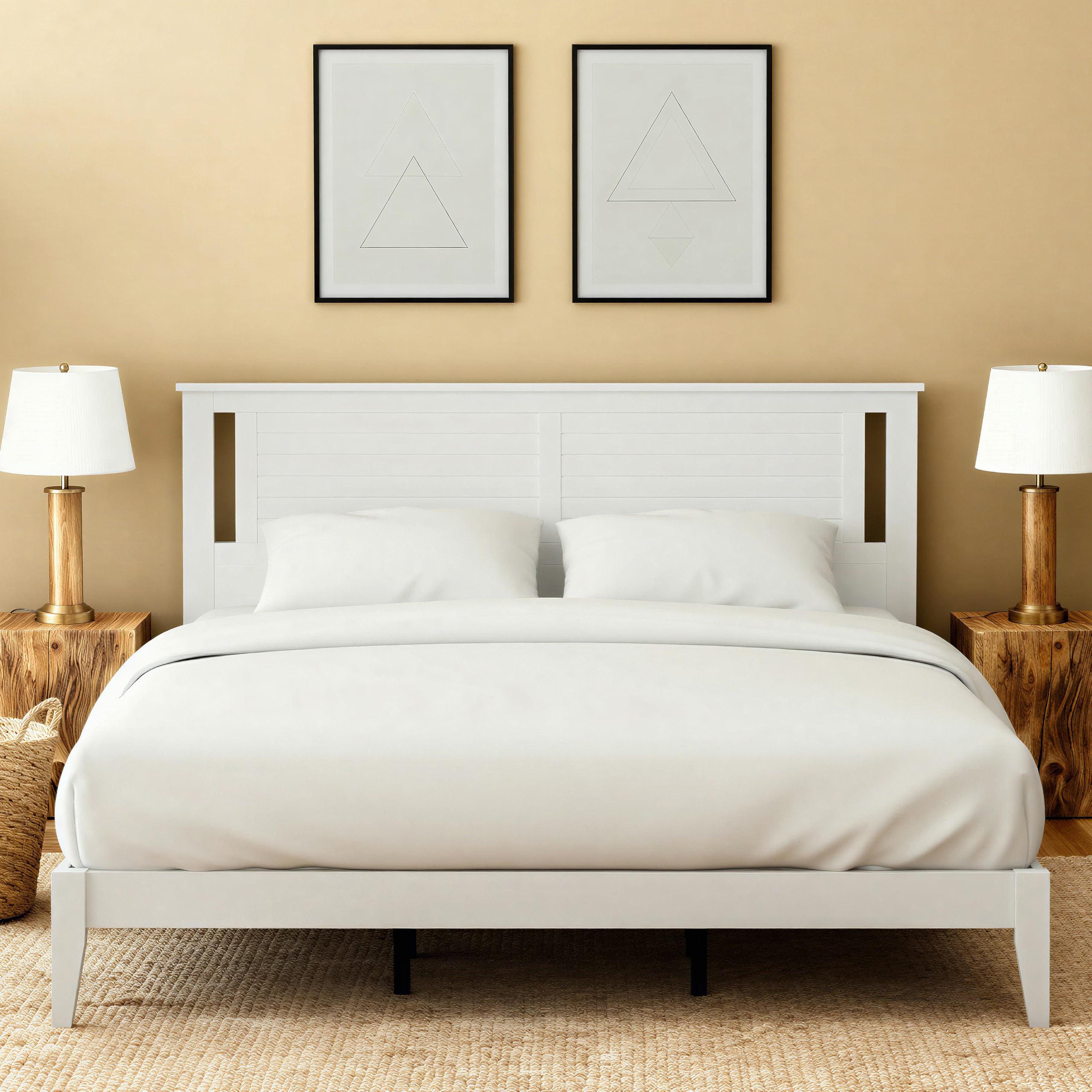 Serene Solid Wood Platform Bed with Horizontal Scoring Headboard in White