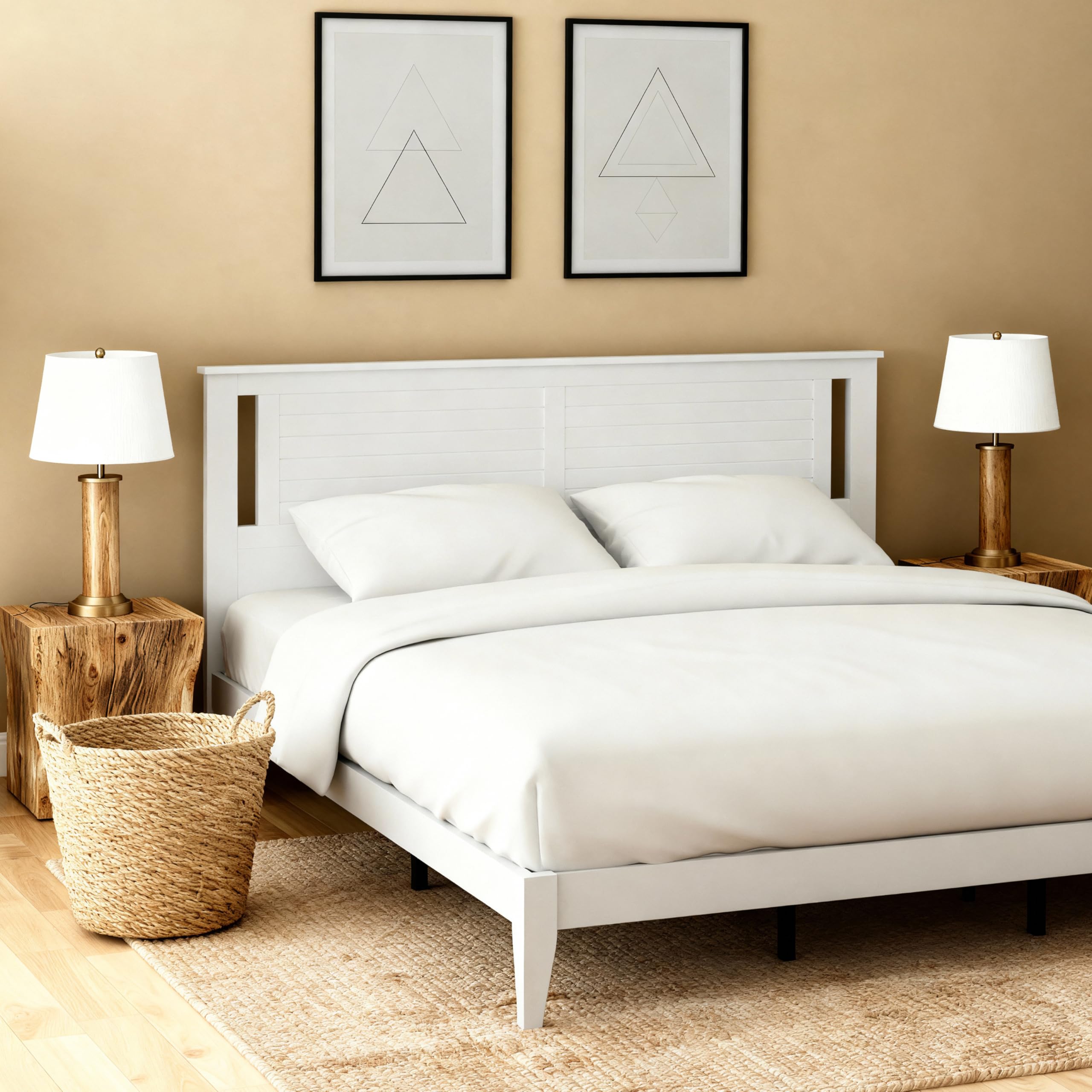 Serene Solid Wood Platform Bed with Horizontal Scoring Headboard in White – image 3
