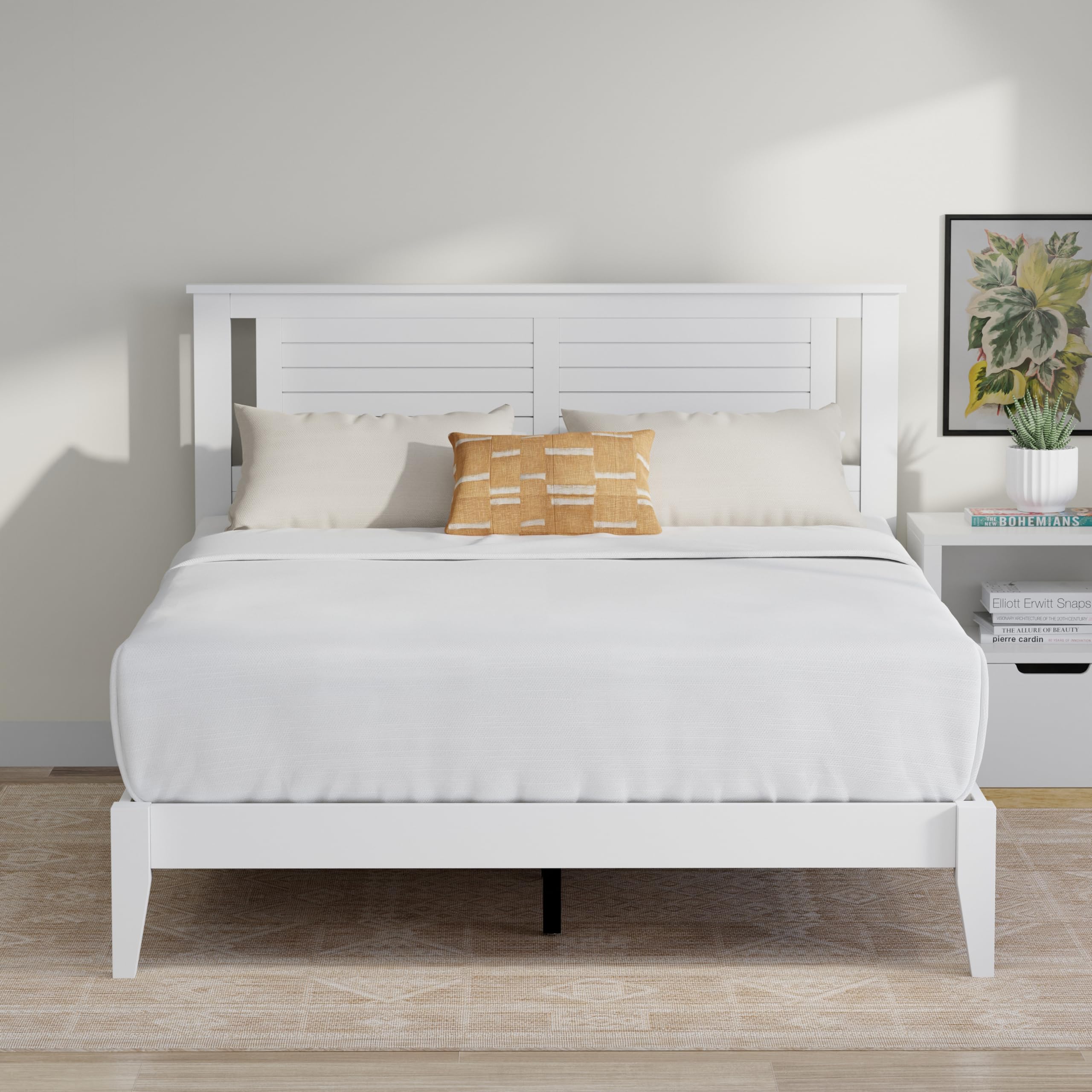 Serene Solid Wood Platform Bed with Horizontal Scoring Headboard in White