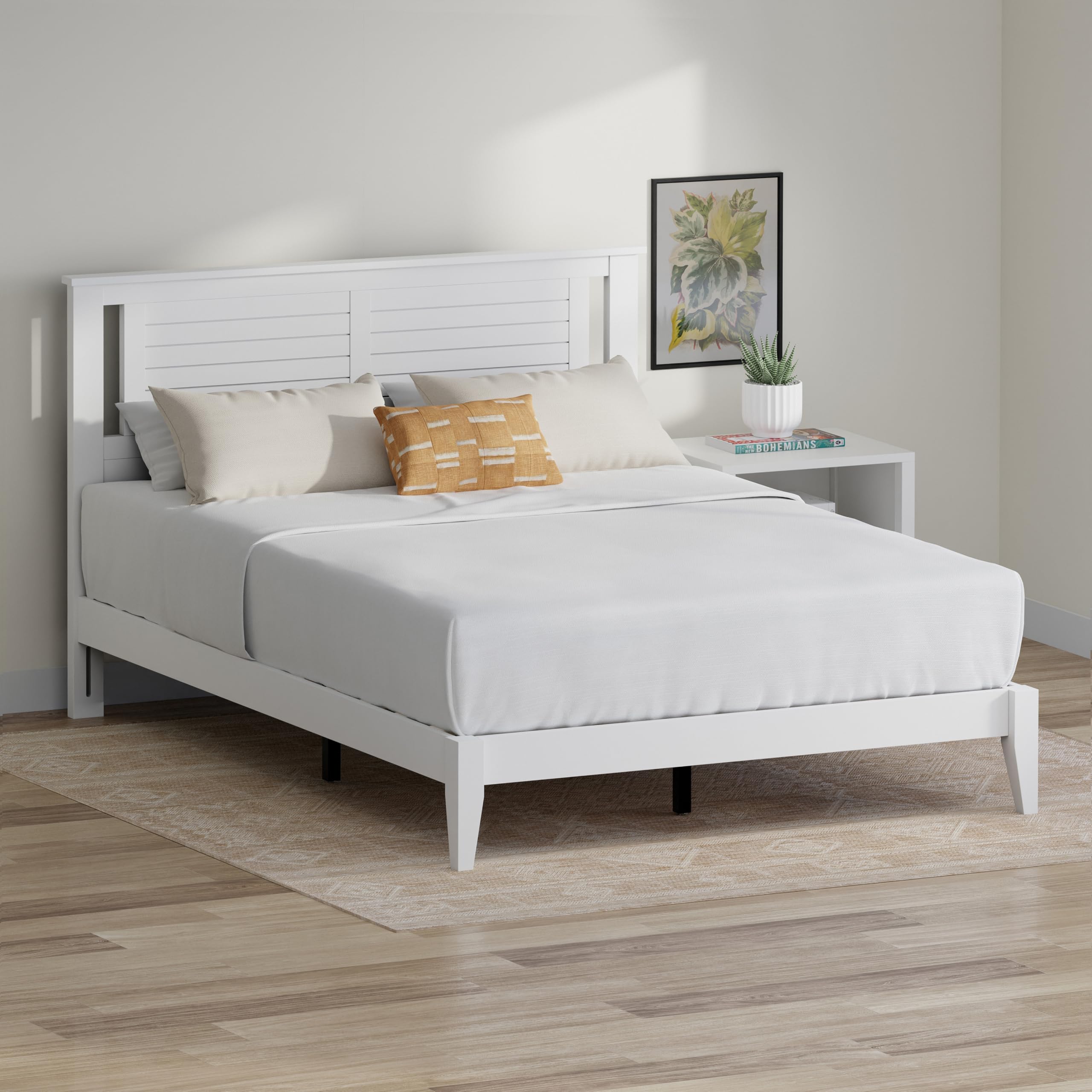 Serene Solid Wood Platform Bed with Horizontal Scoring Headboard in White – image 2