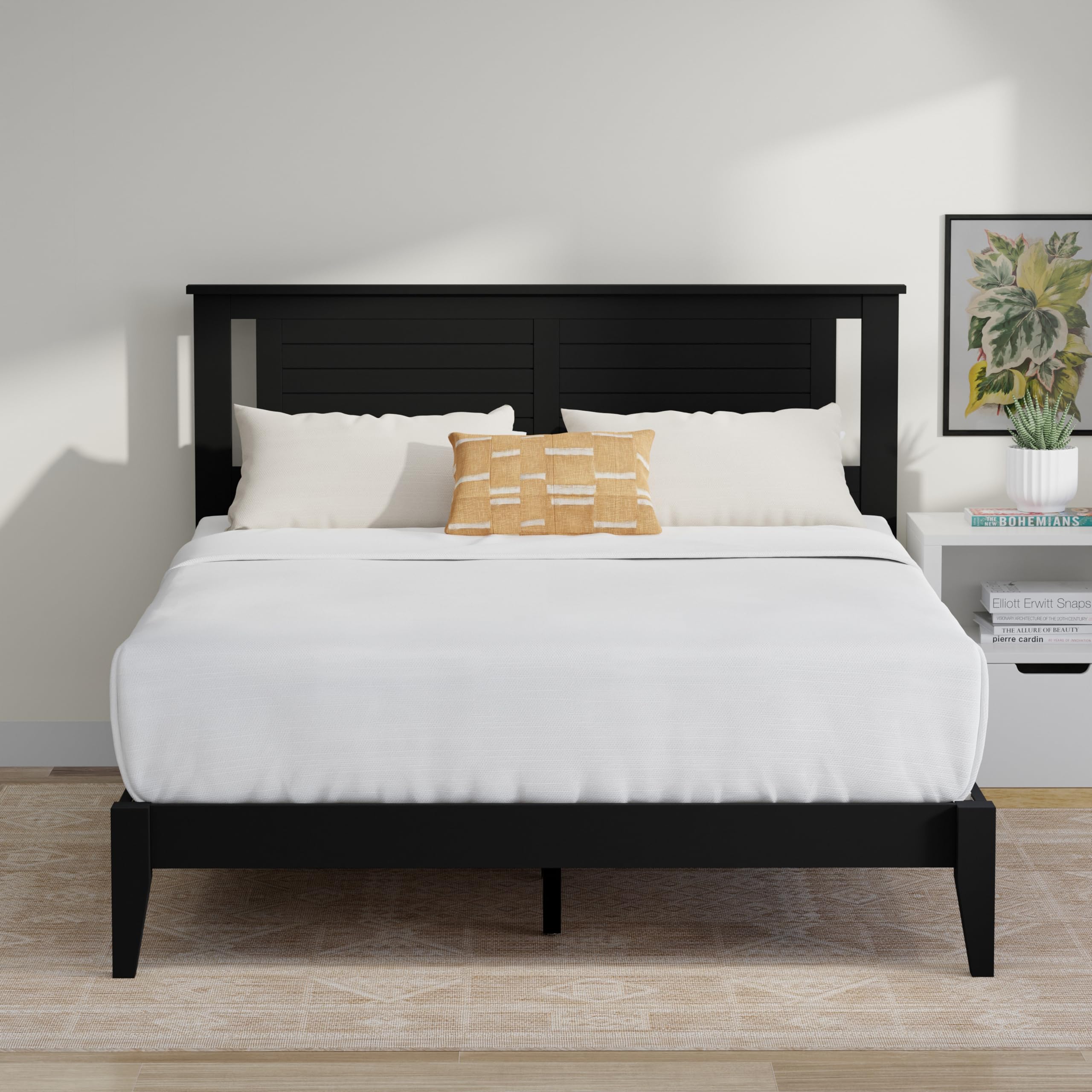 Serene Solid Wood Platform Bed with Horizontal Scoring Headboard in Black