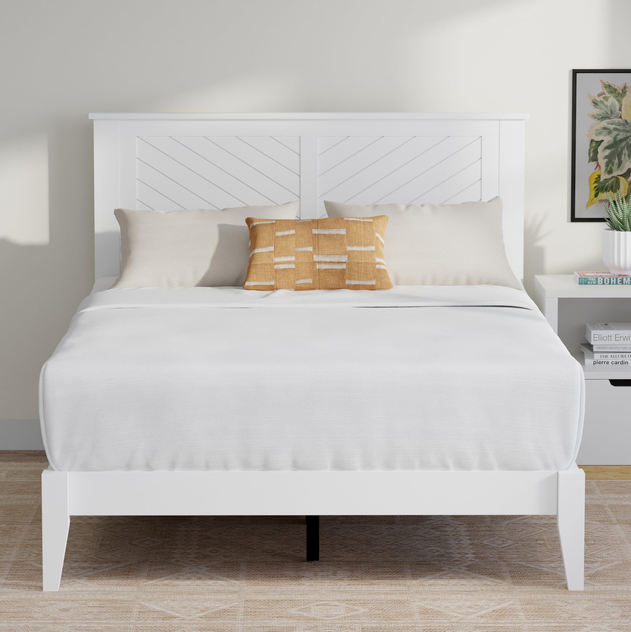 Wood Platform Bed with Chevron Scoring Headboard in White