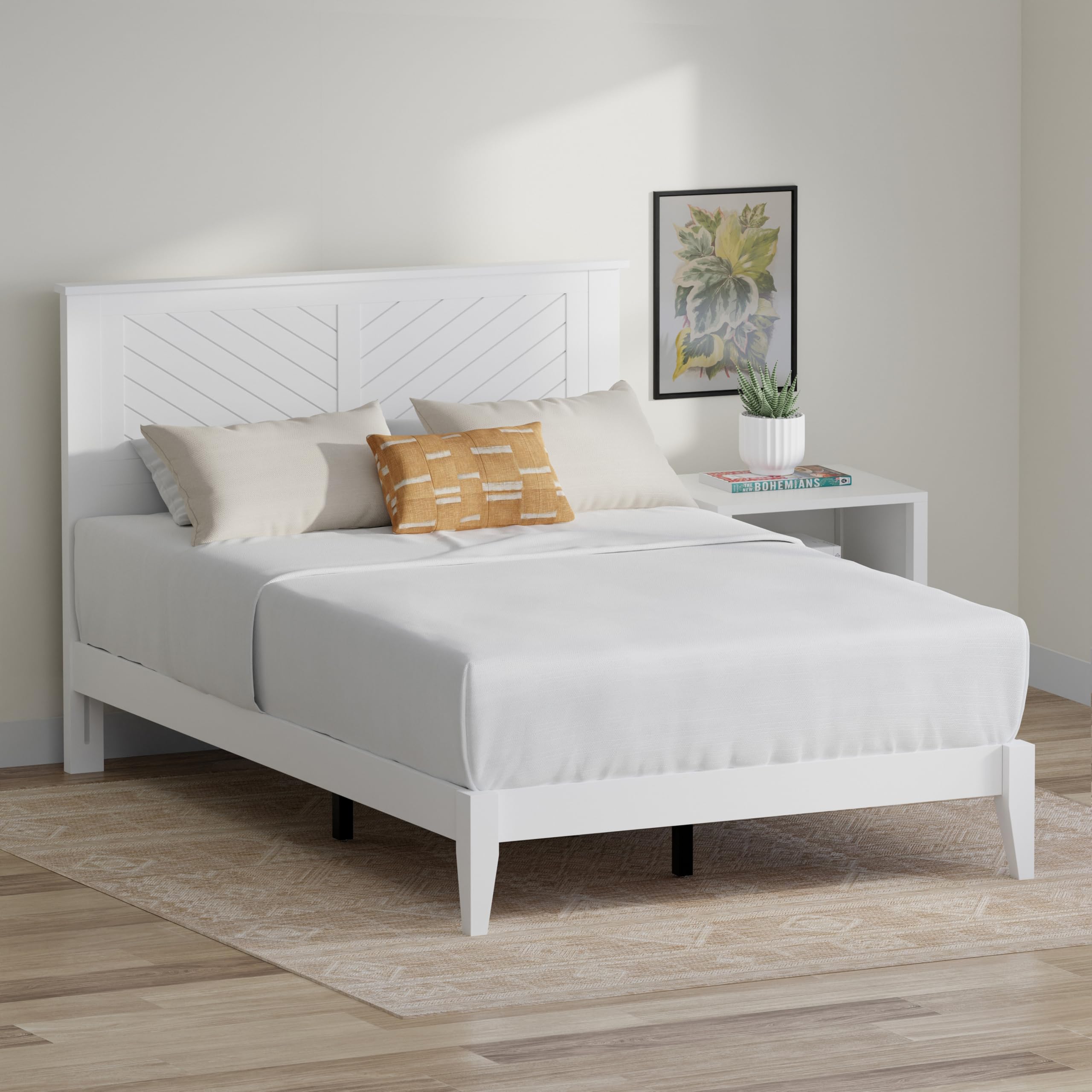 Wood Platform Bed with Chevron Scoring Headboard in White – image 2