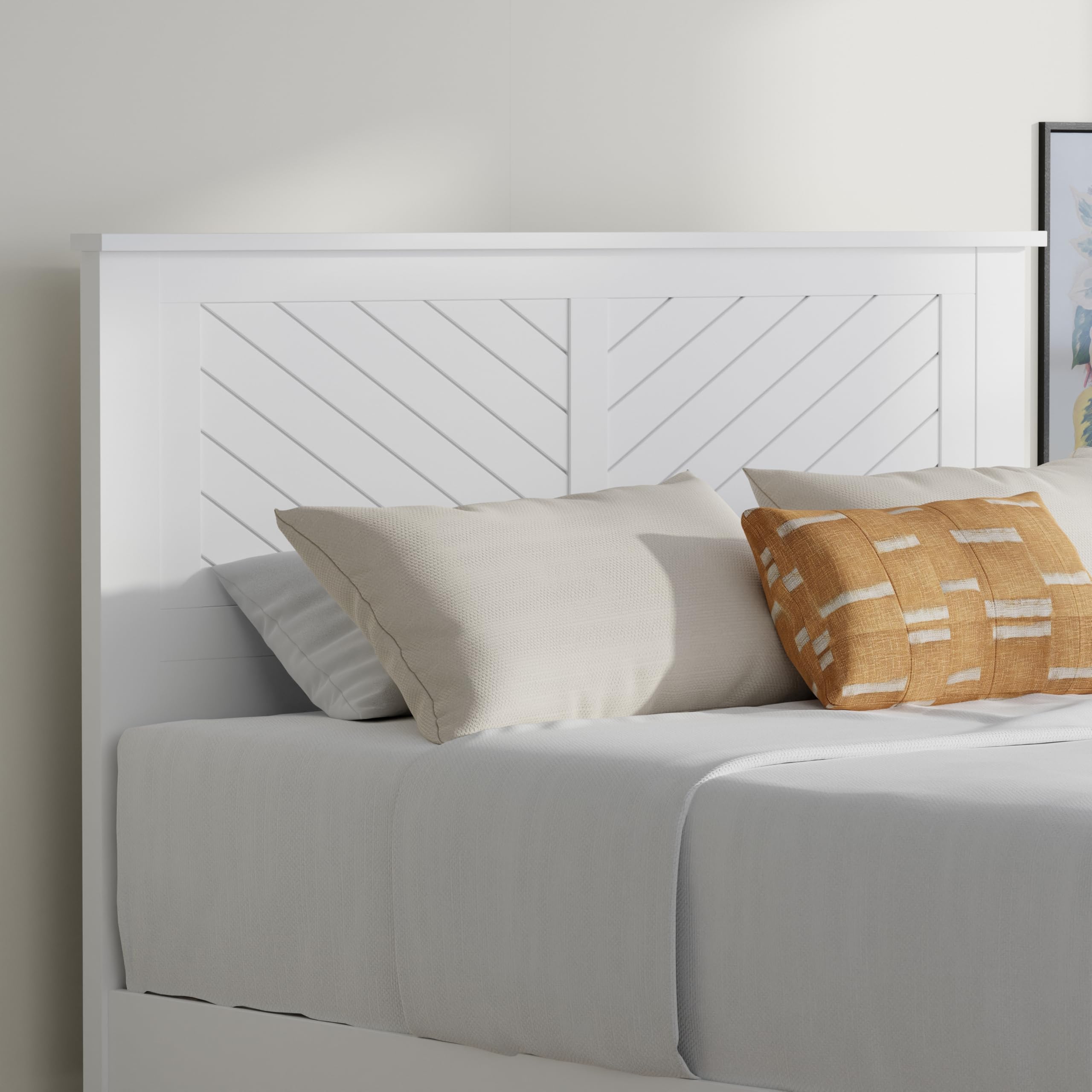 Wood Platform Bed with Chevron Scoring Headboard in White – image 3