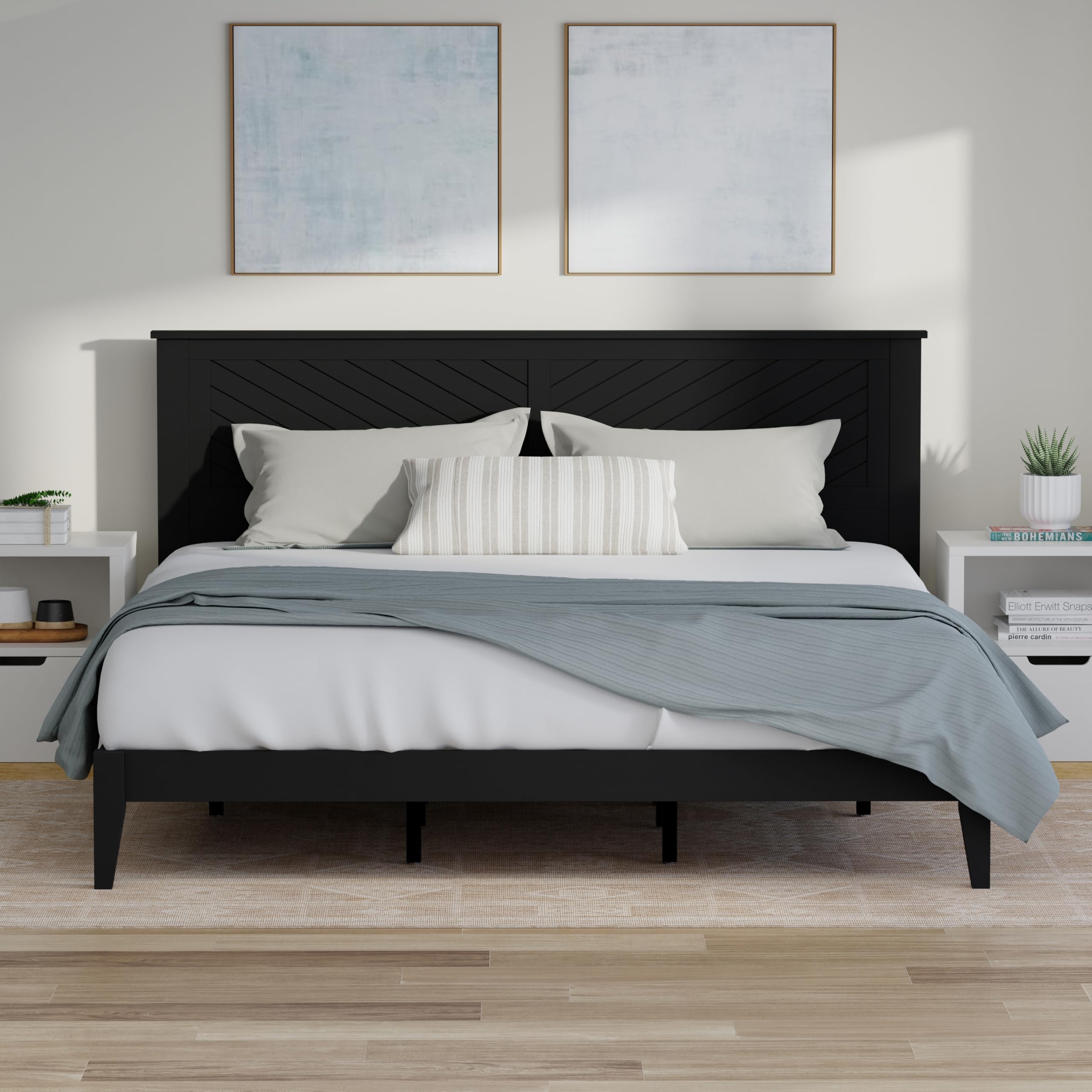 Wood Platform Bed with Chevron Scoring Headboard in Black