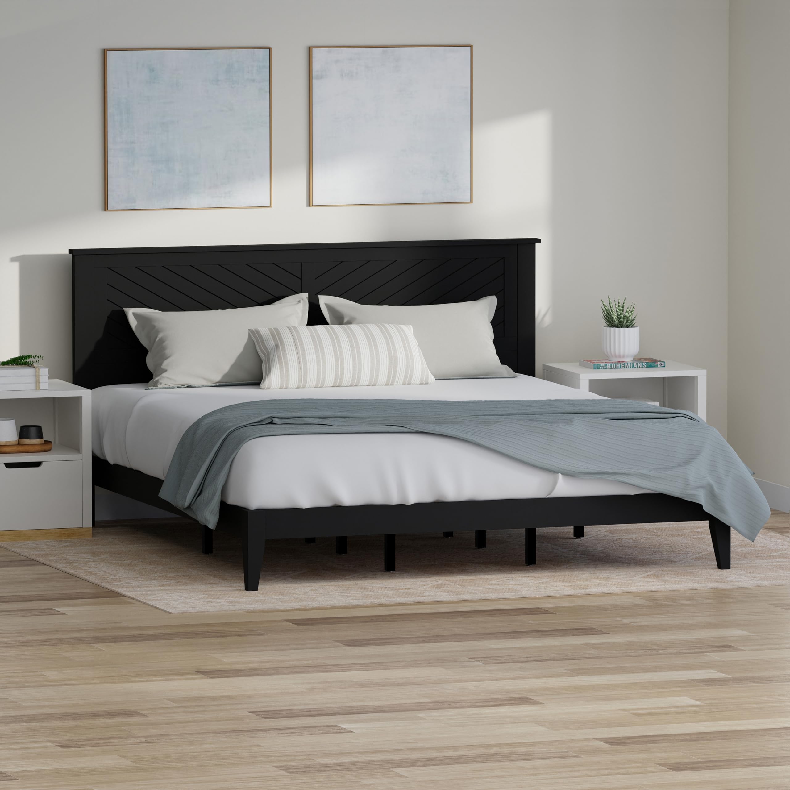 Wood Platform Bed with Chevron Scoring Headboard in Black – image 2