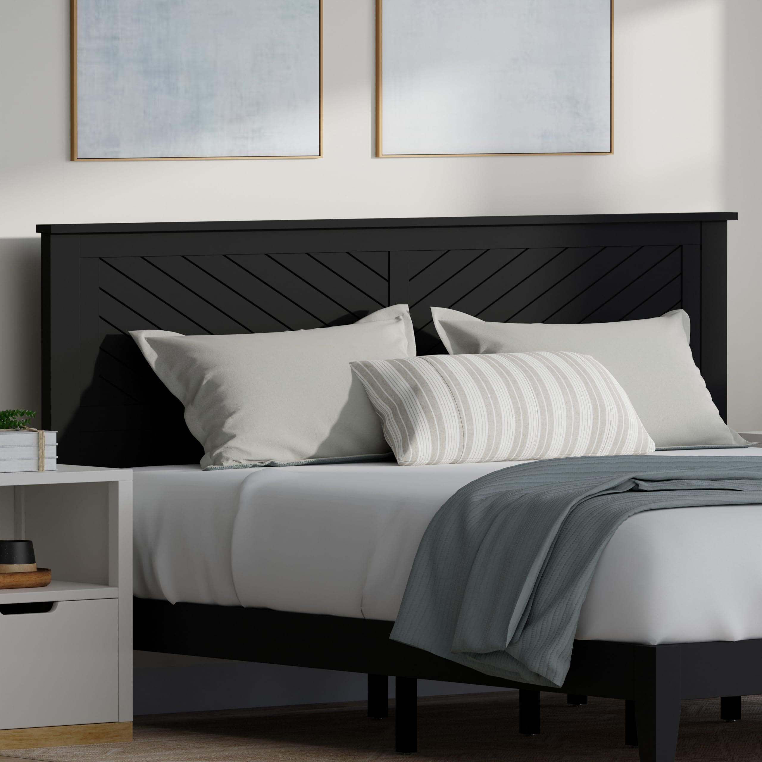 Wood Platform Bed with Chevron Scoring Headboard in Black – image 3