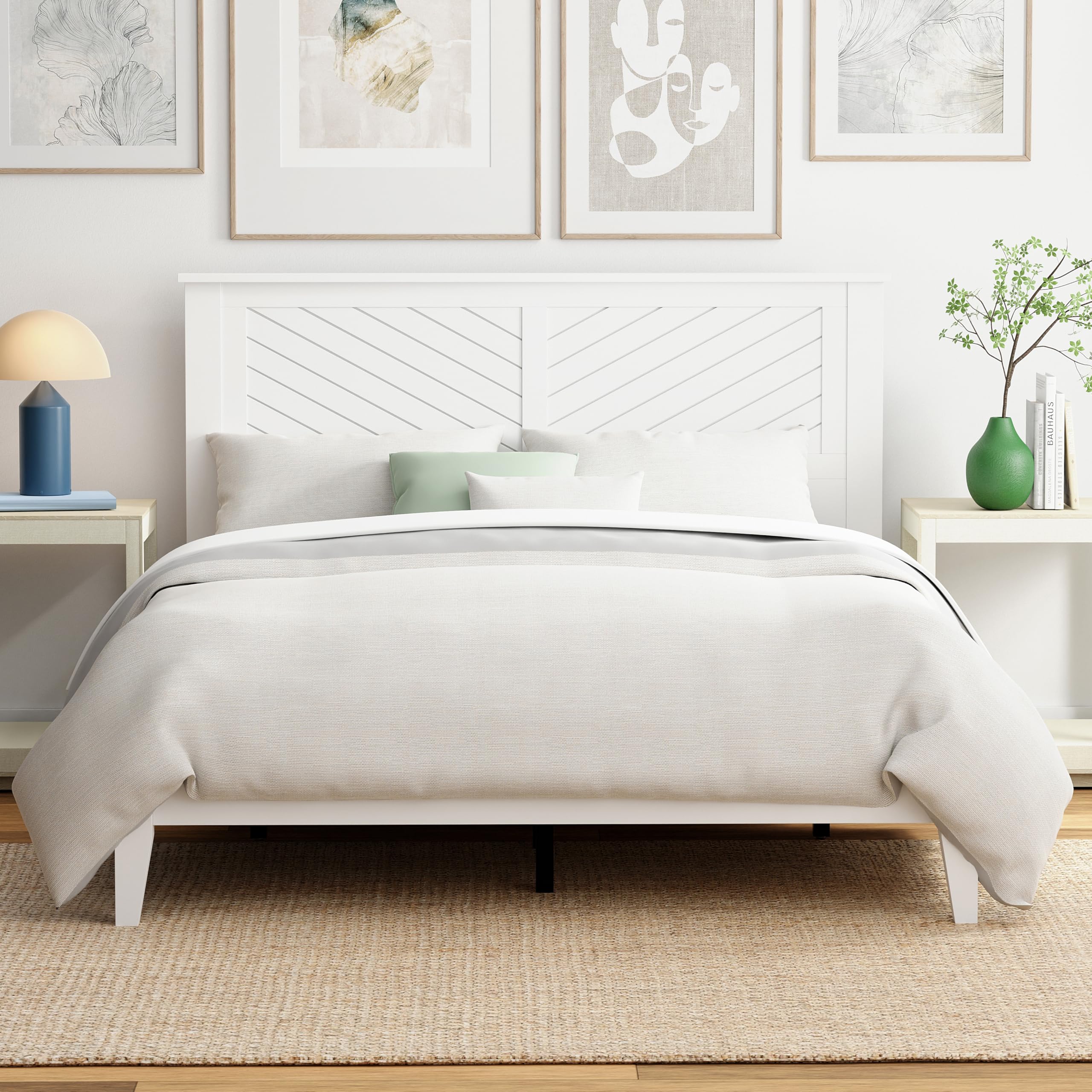 Serene Solid Wood Platform Bed with Chevron Scoring Headboard in White