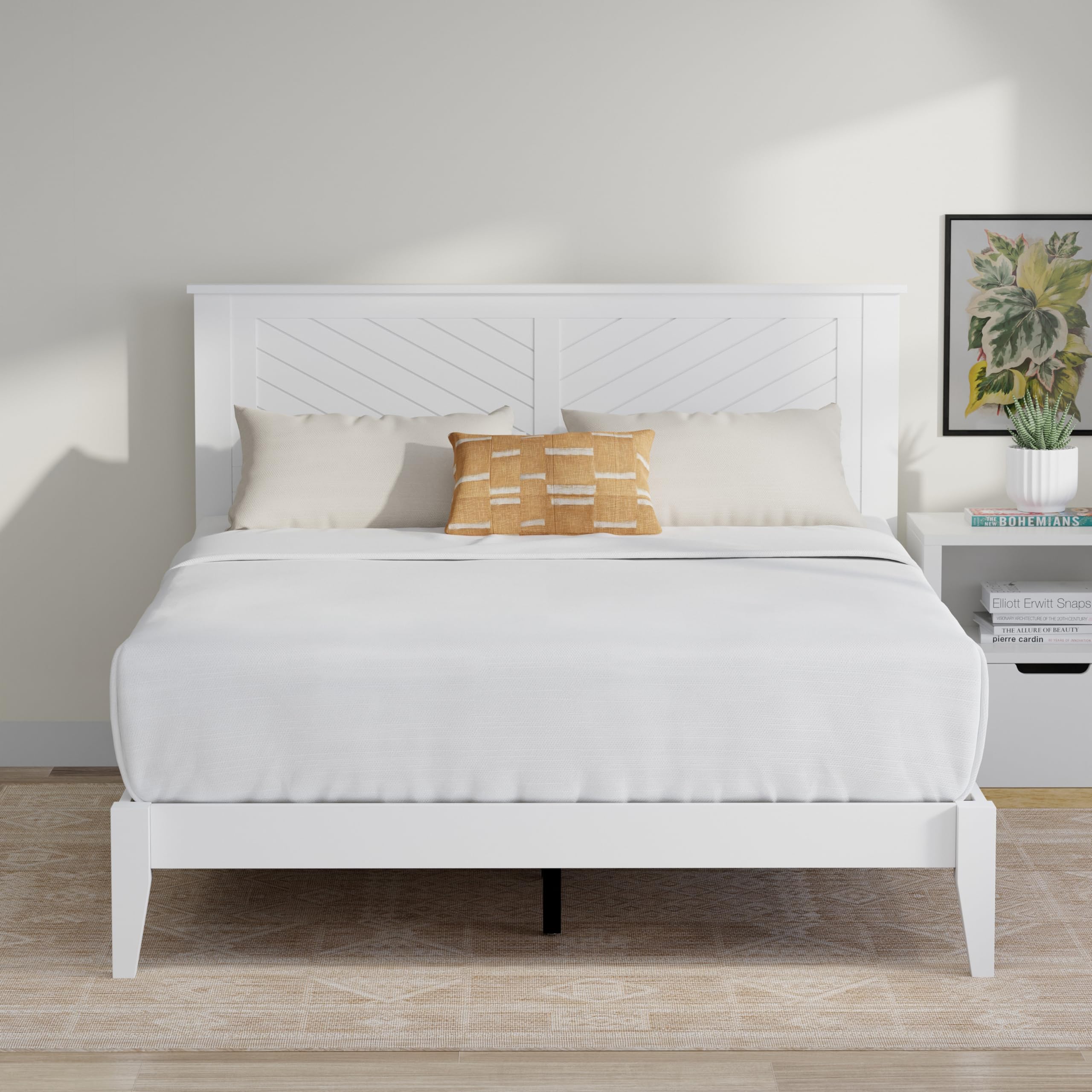 Serene Solid Wood Platform Bed with Chevron Scoring Headboard in White – image 2