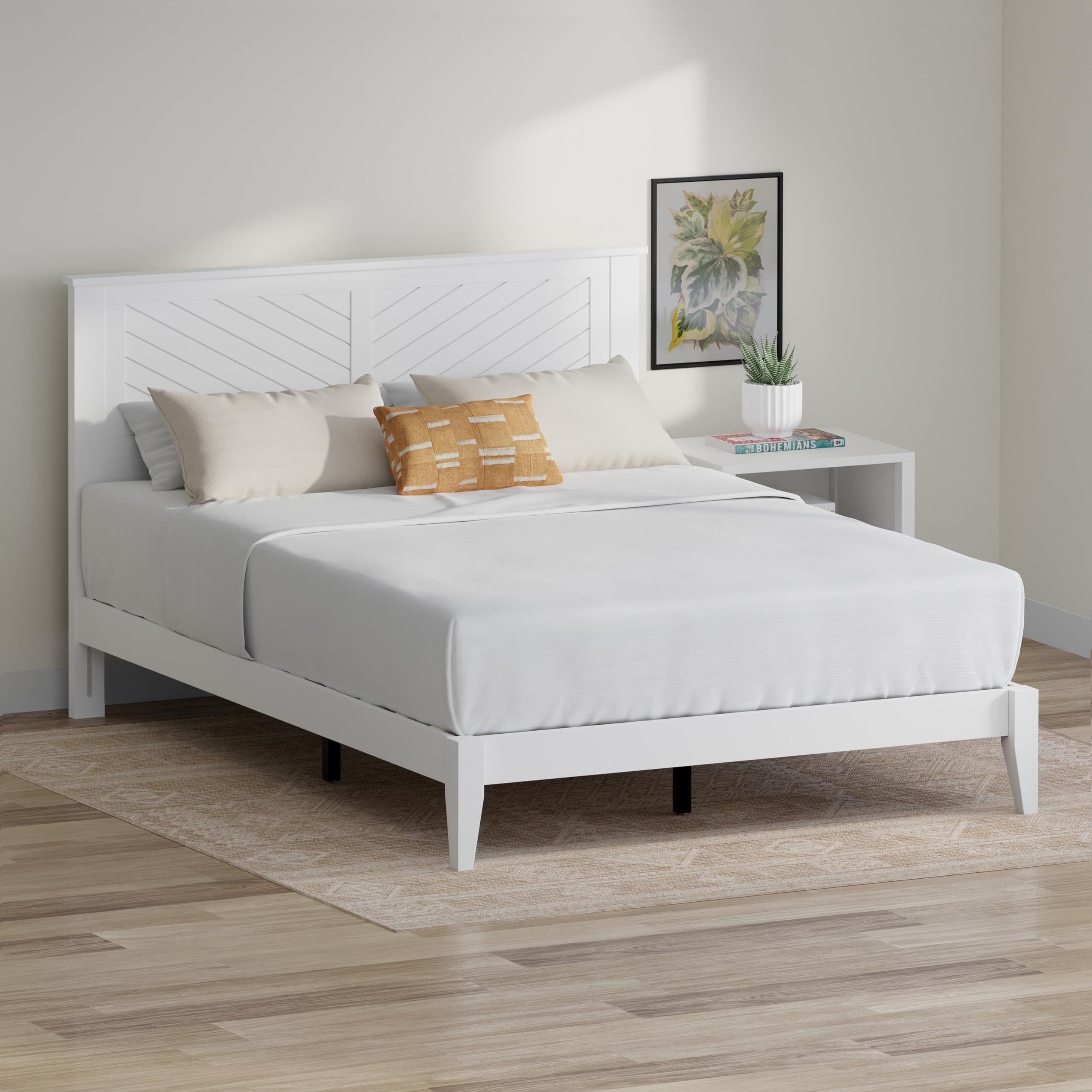 Serene Solid Wood Platform Bed with Chevron Scoring Headboard in White – image 3