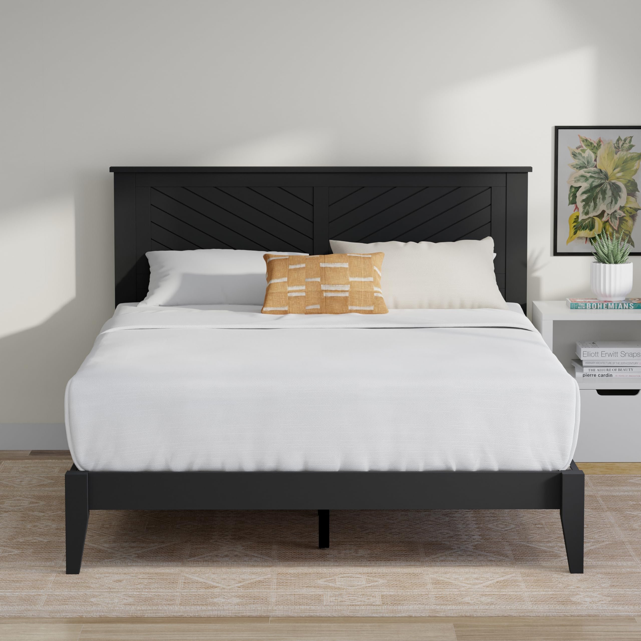 Serene Solid Wood Platform Bed with Chevron Scoring Headboard in Black