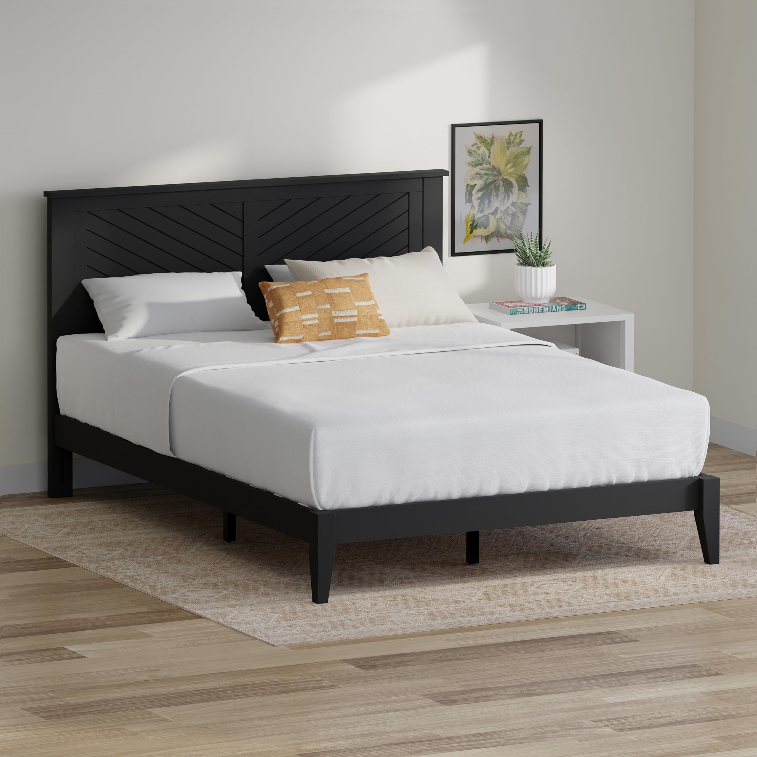 Serene Solid Wood Platform Bed with Chevron Scoring Headboard in Black – image 2