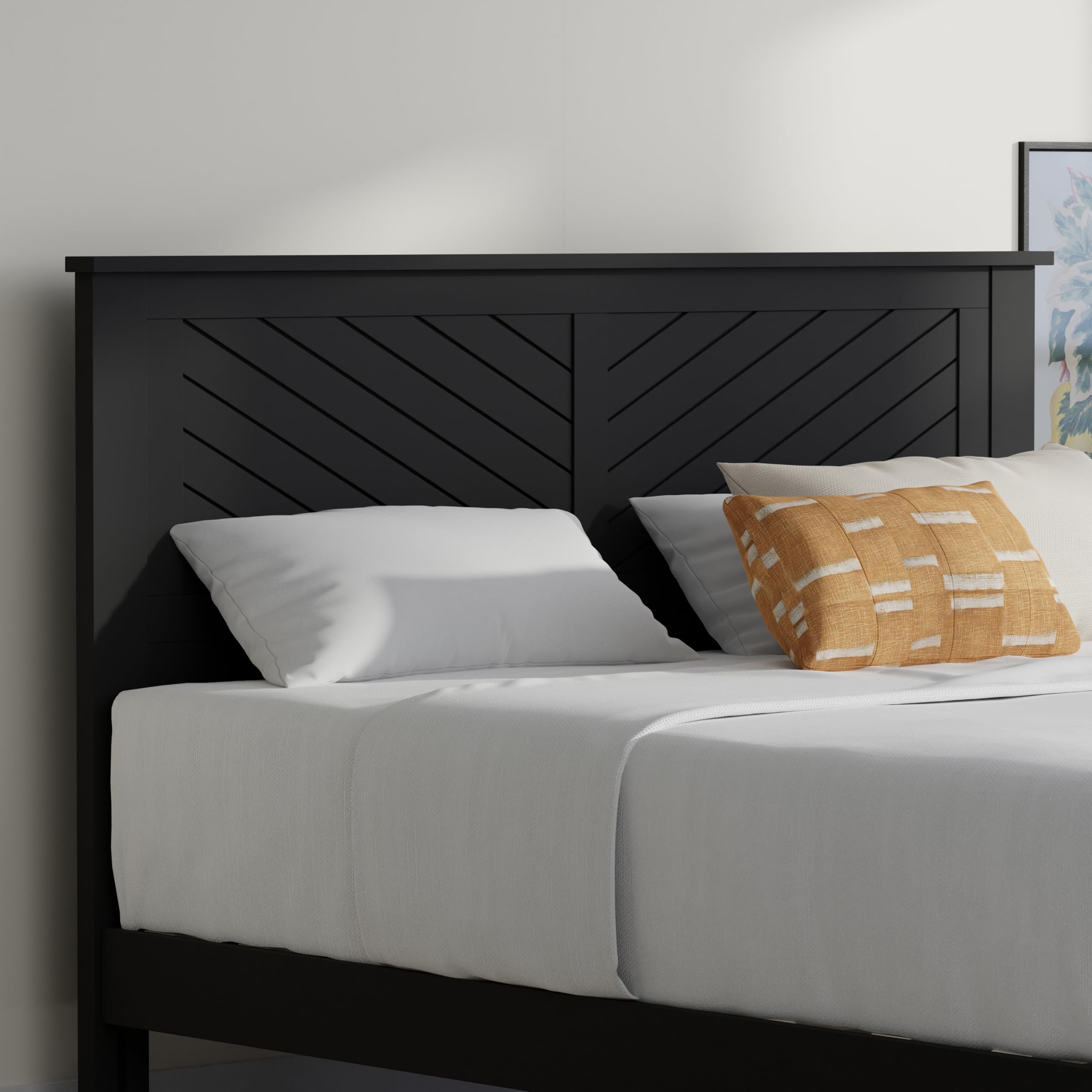 Serene Solid Wood Platform Bed with Chevron Scoring Headboard in Black – image 3