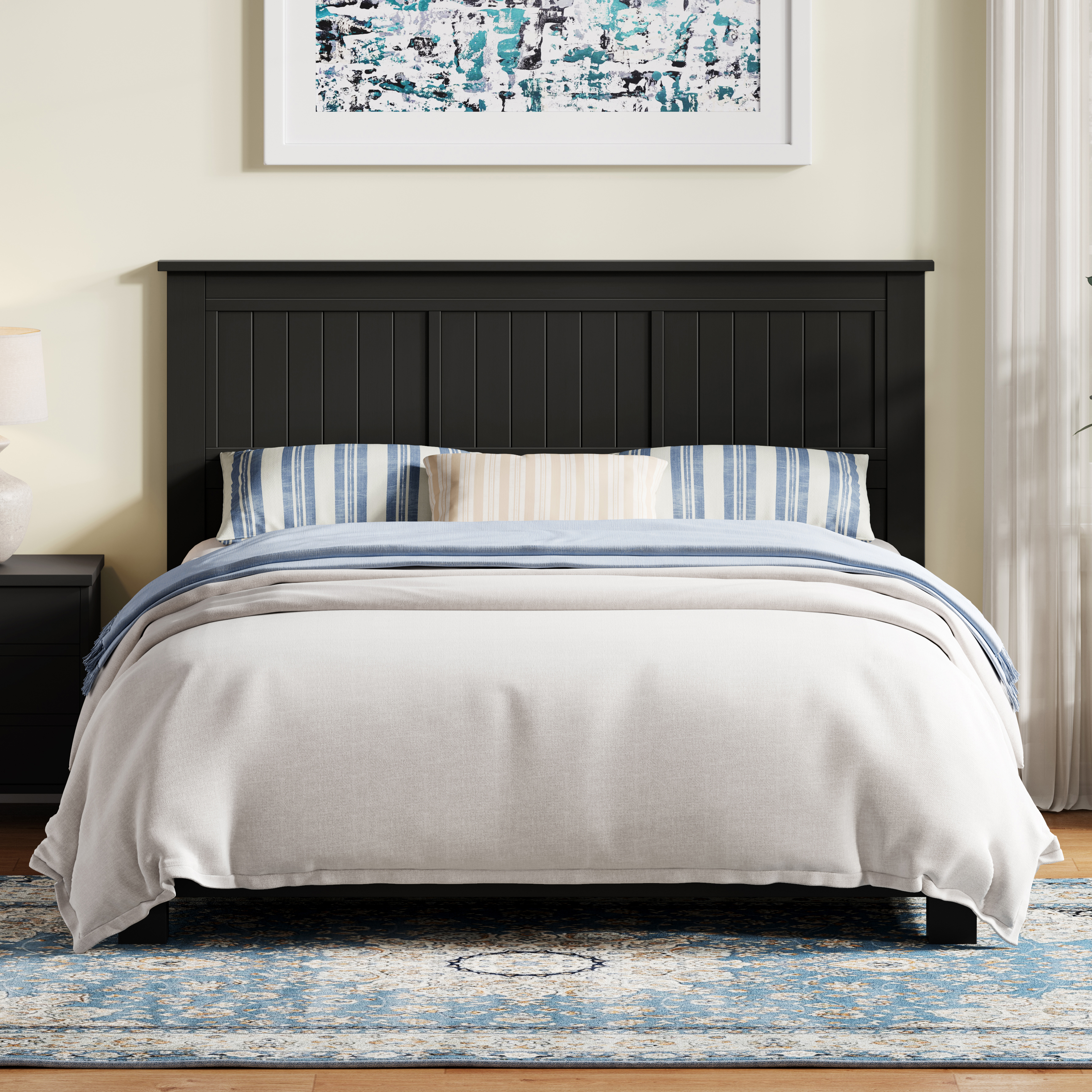 Serene Solid Wood Window-Pane Panel Headboard in Black