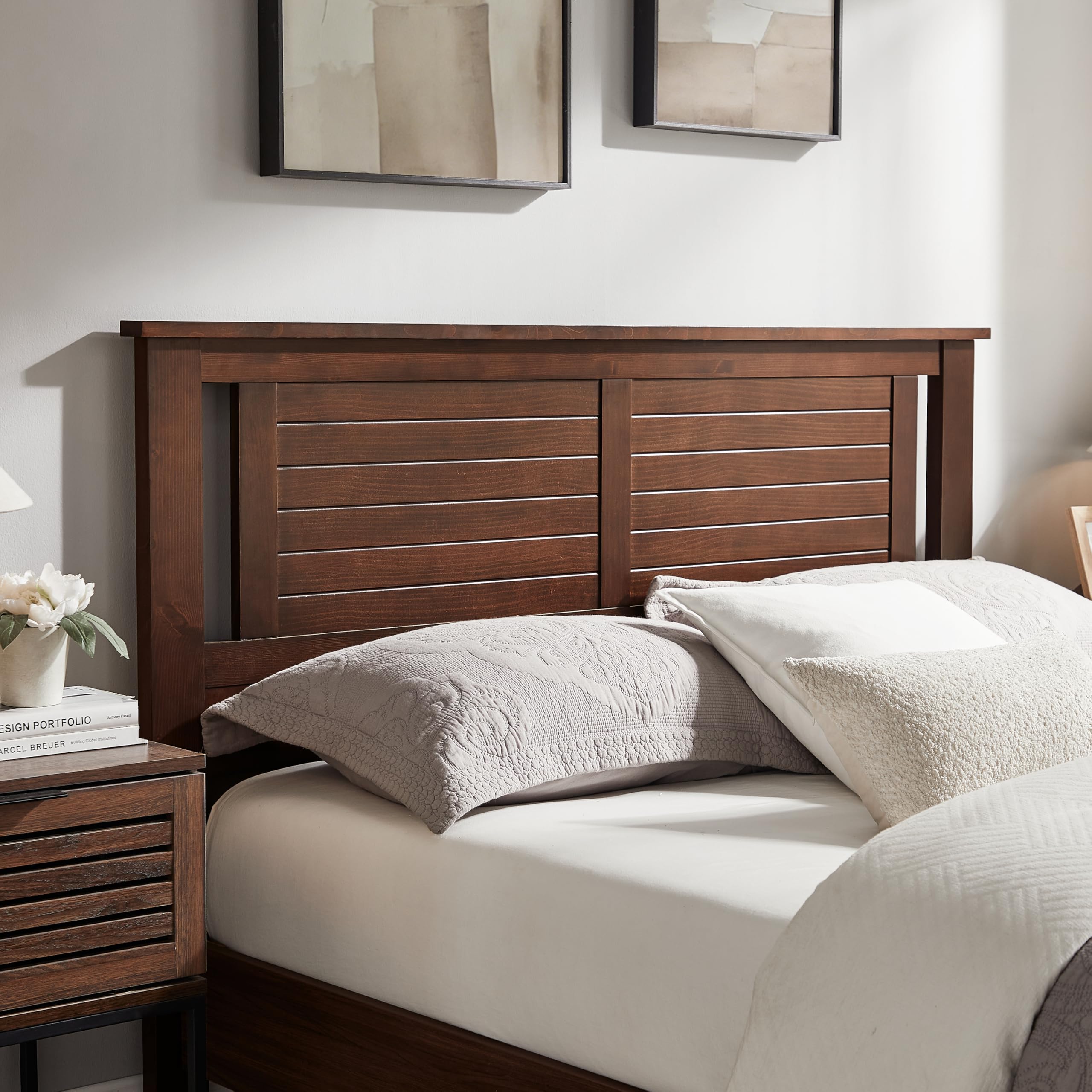 Serene Solid Wood Modern Farmhouse Panel Headboard with Horizontal Scoring in Walnut