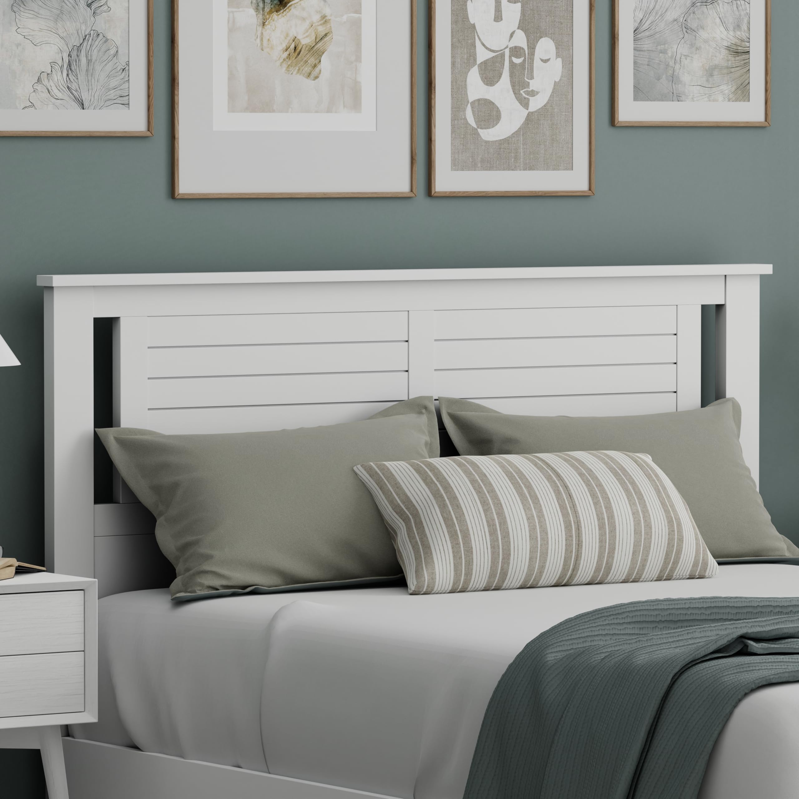 Serene Solid Wood Modern Farmhouse Panel Headboard with Horizontal Scoring in White
