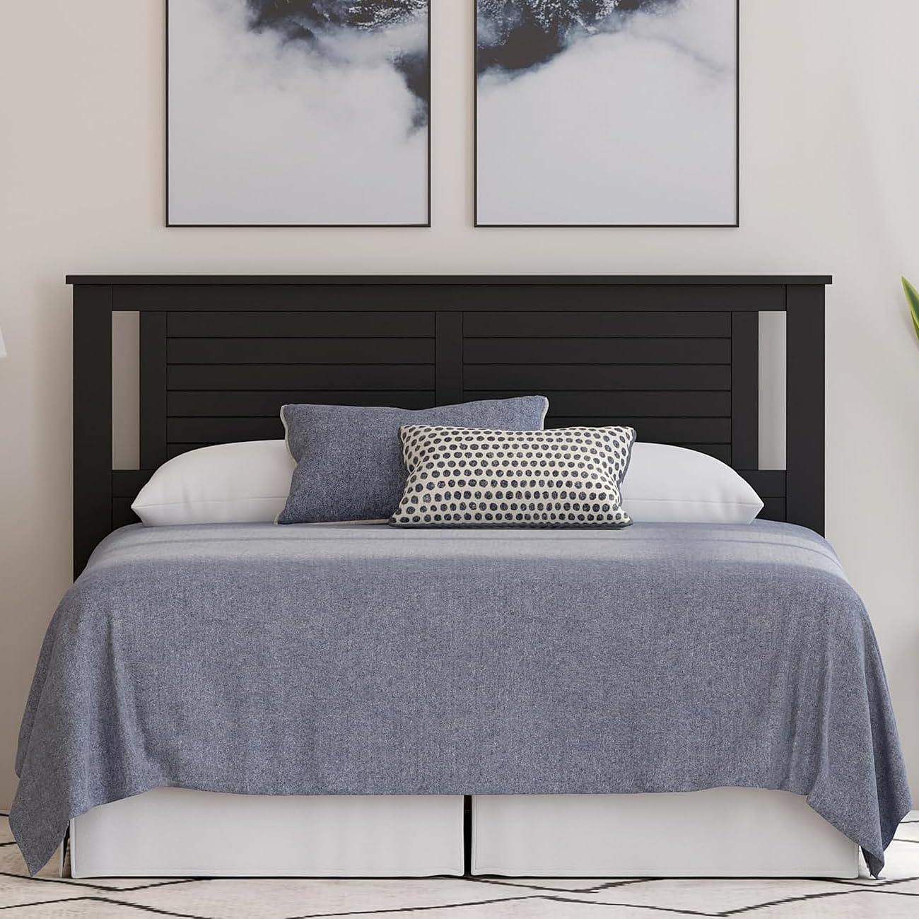 Serene Solid Wood Modern Farmhouse Panel Headboard with Horizontal Scoring in Black