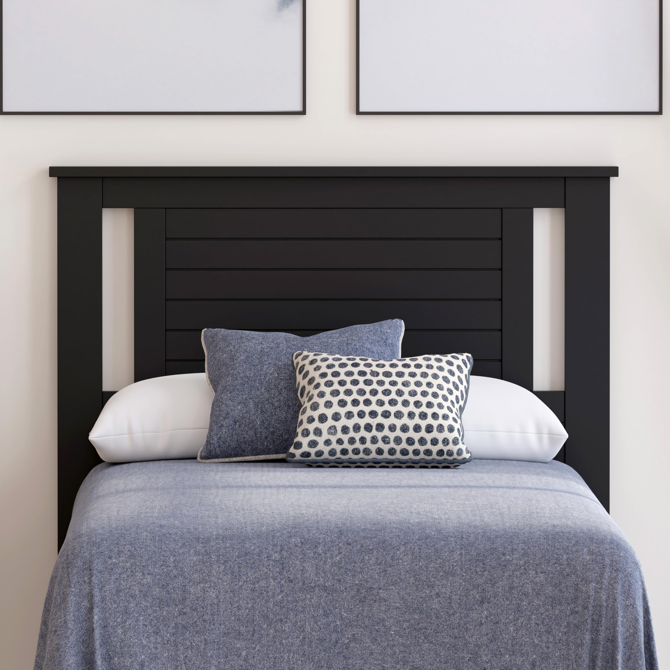 Serene Solid Wood Modern Farmhouse Panel Headboard with Horizontal Scoring in Black