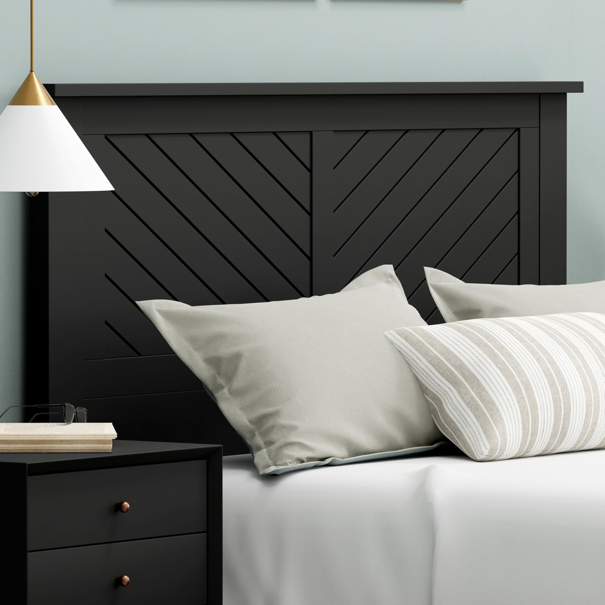 Wood Headboard with Chevron Scoring in Black