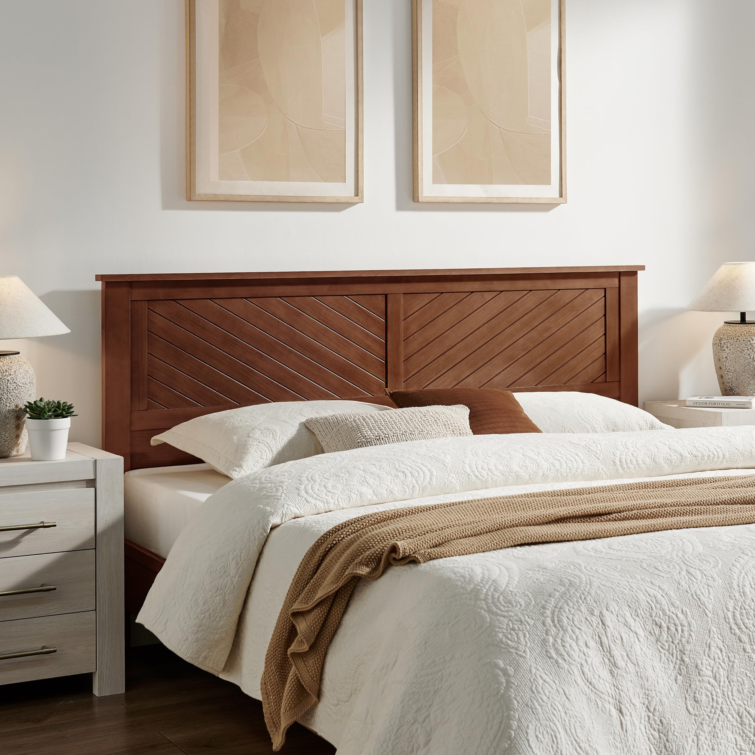 Wood Headboard with Chevron Scoring in Walnut