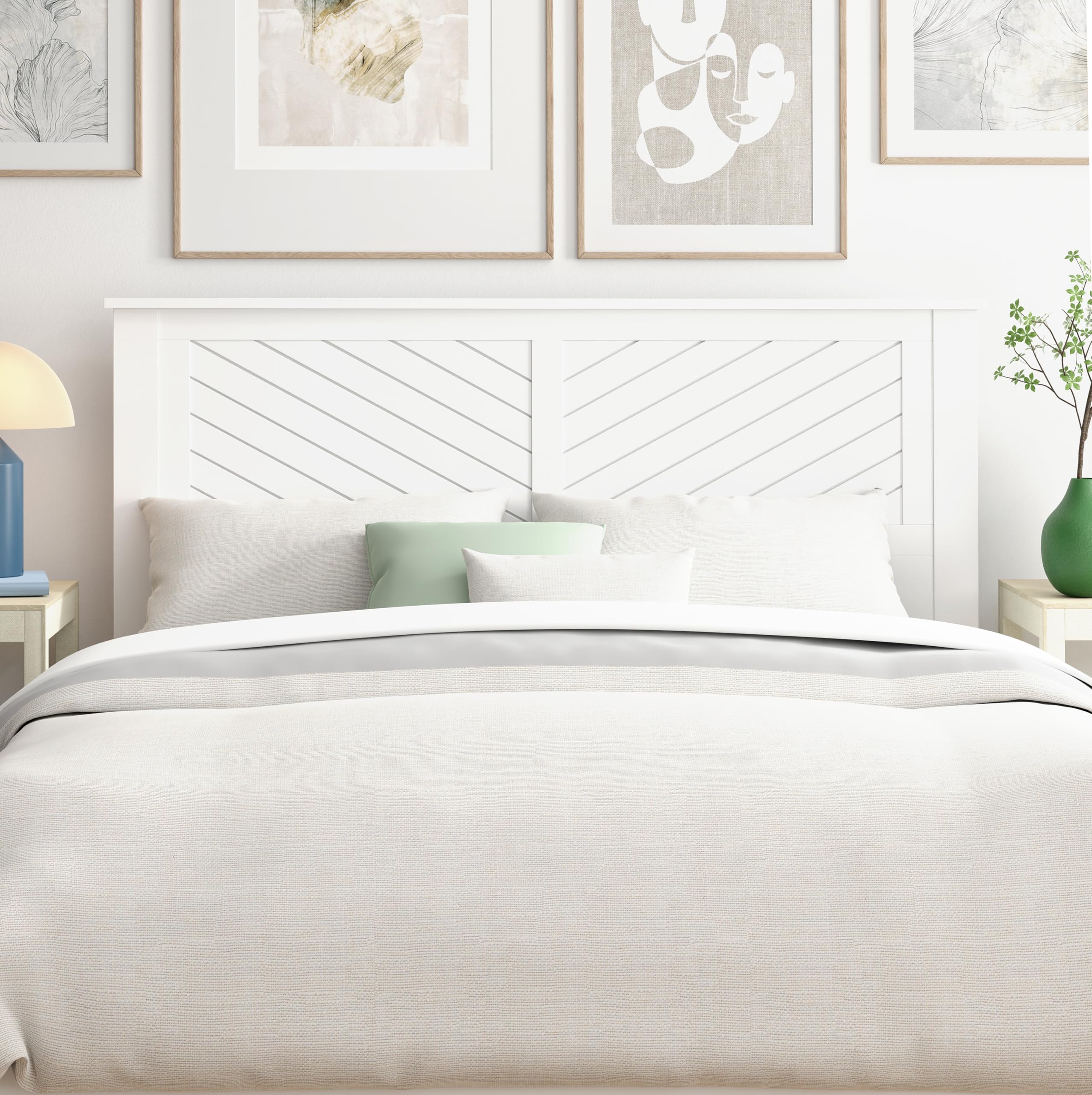 Serene Solid Wood Headboard with Chevron Scoring in White