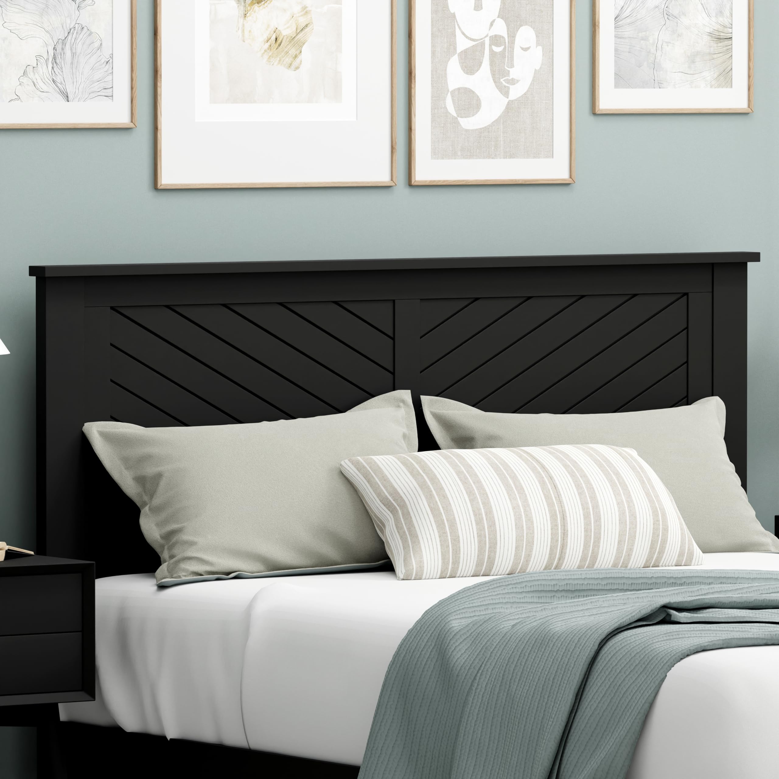 Serene Solid Wood Headboard with Chevron Scoring in Black – image 2